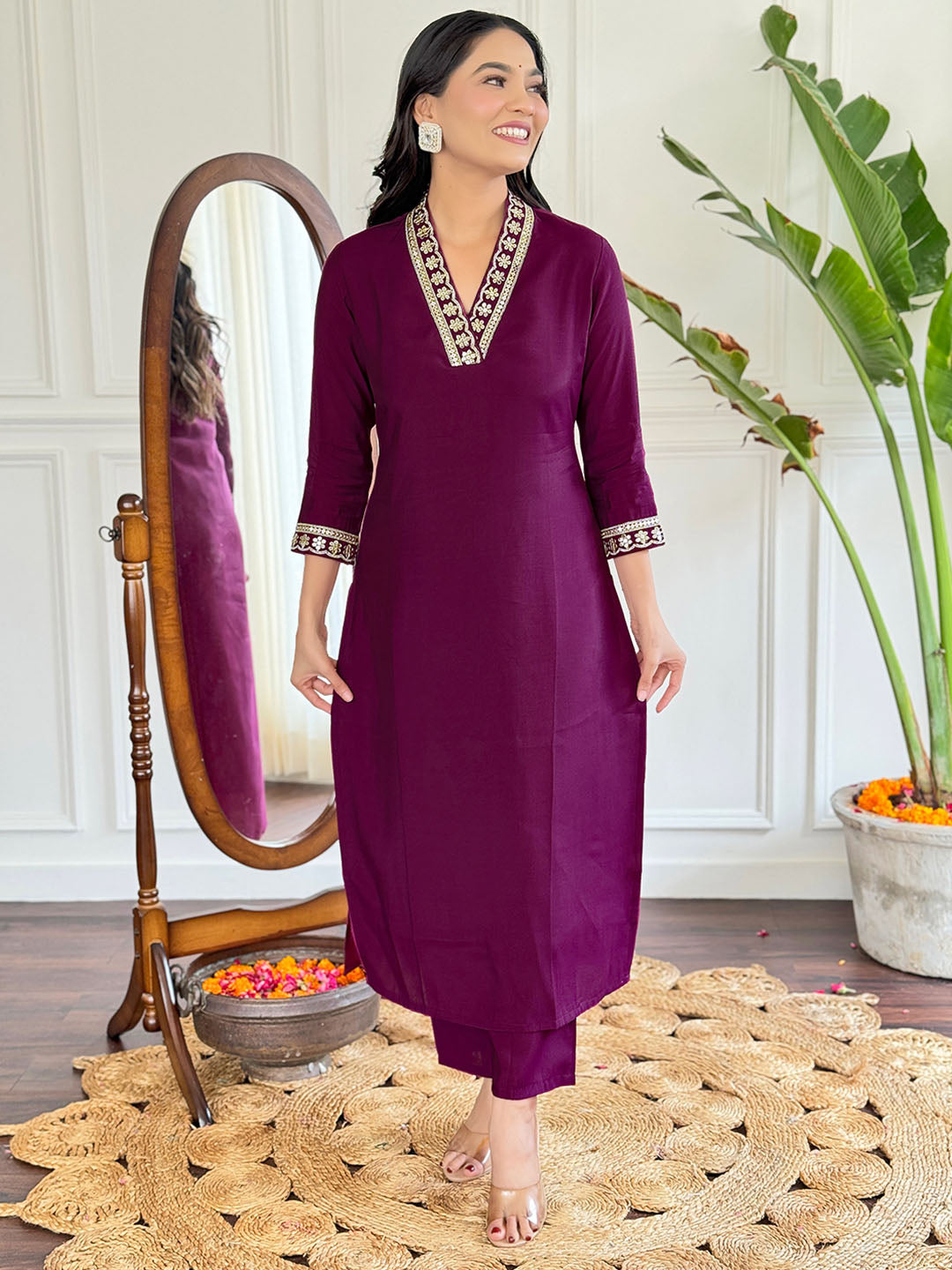 Viscose Silk Embroidered Straight Kurta with Viscose Silk Pant And Chinon Printed Dupatta Set