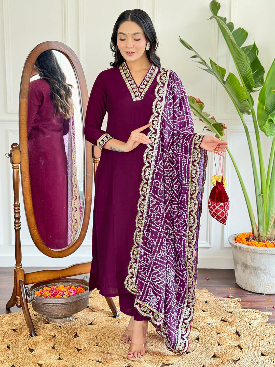 Viscose Silk Embroidered Straight Kurta with Viscose Silk Pant And Chinon Printed Dupatta Set