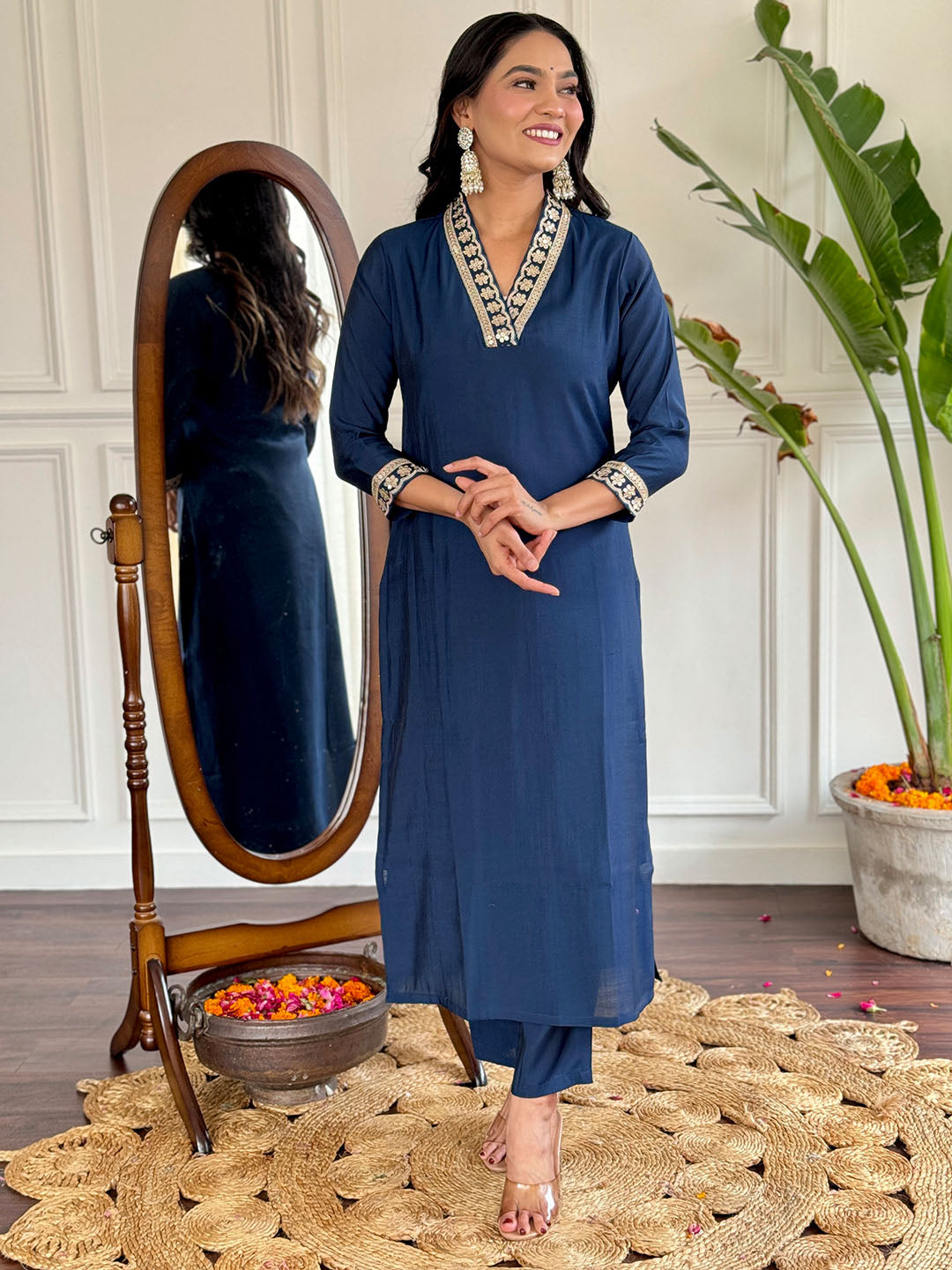 Viscose Silk Embroidered Straight Kurta with Viscose Silk Pant And Chinon Printed Dupatta Set