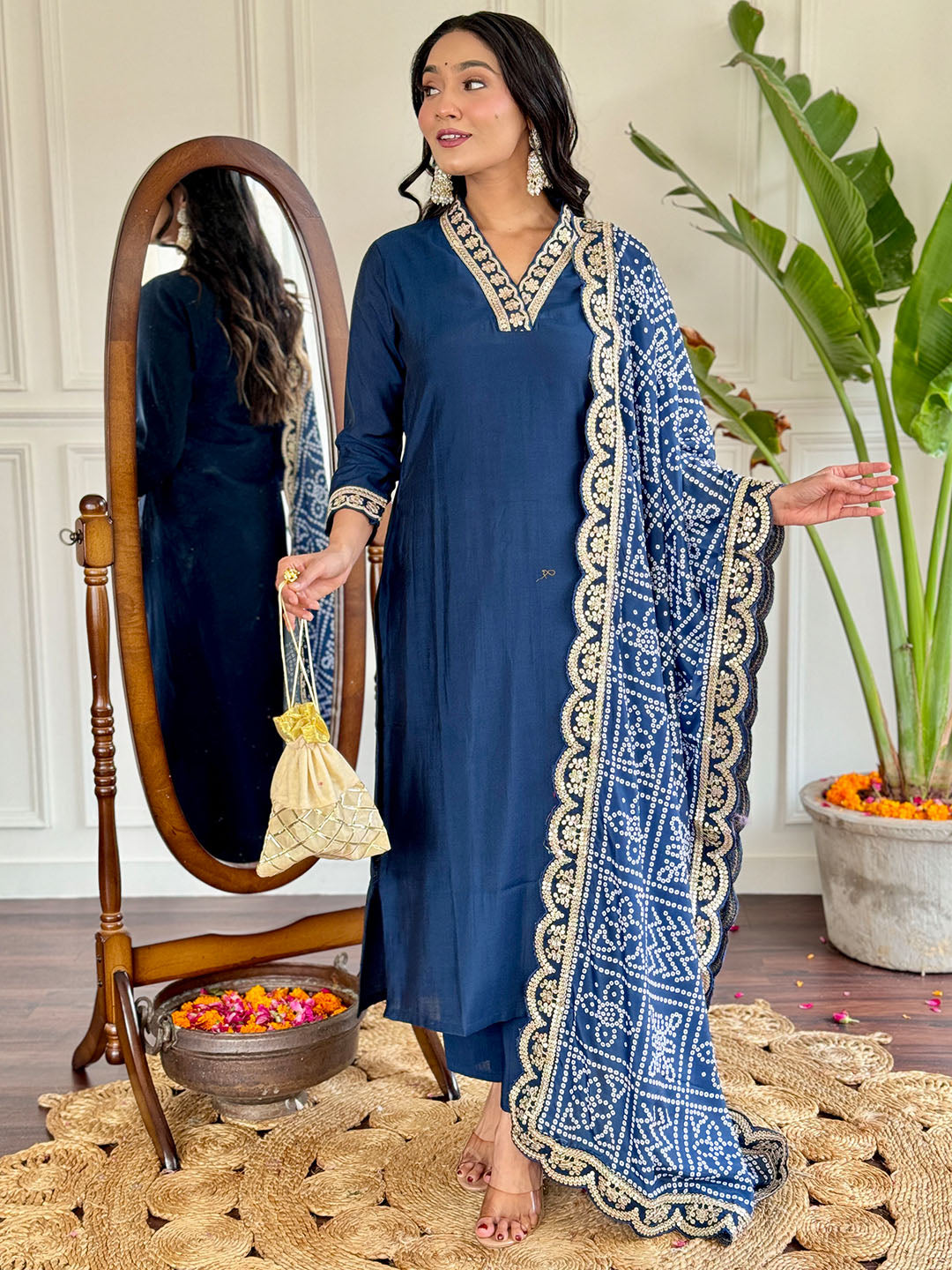 Viscose Silk Embroidered Straight Kurta with Viscose Silk Pant And Chinon Printed Dupatta Set