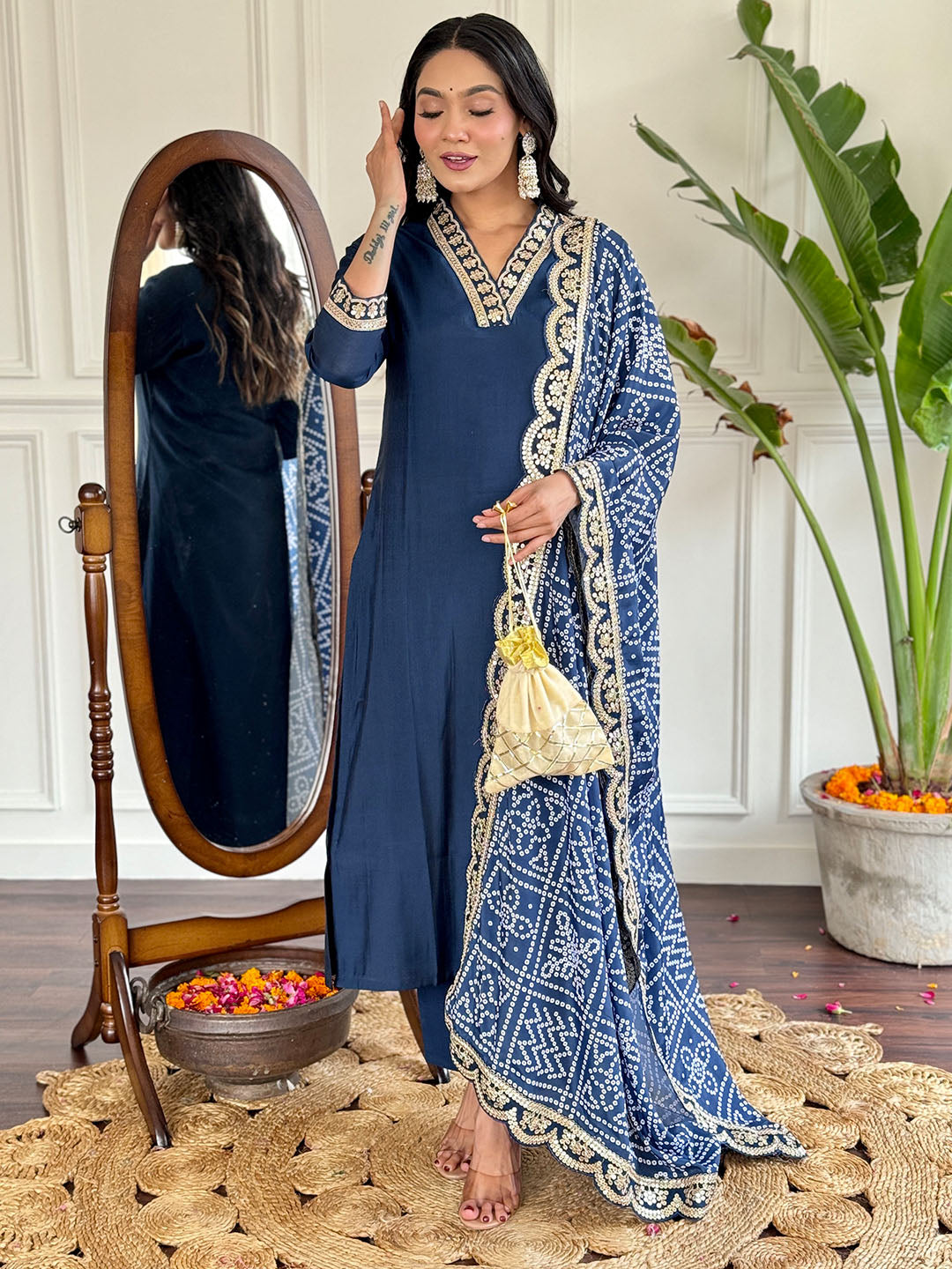 Viscose Silk Embroidered Straight Kurta with Viscose Silk Pant And Chinon Printed Dupatta Set