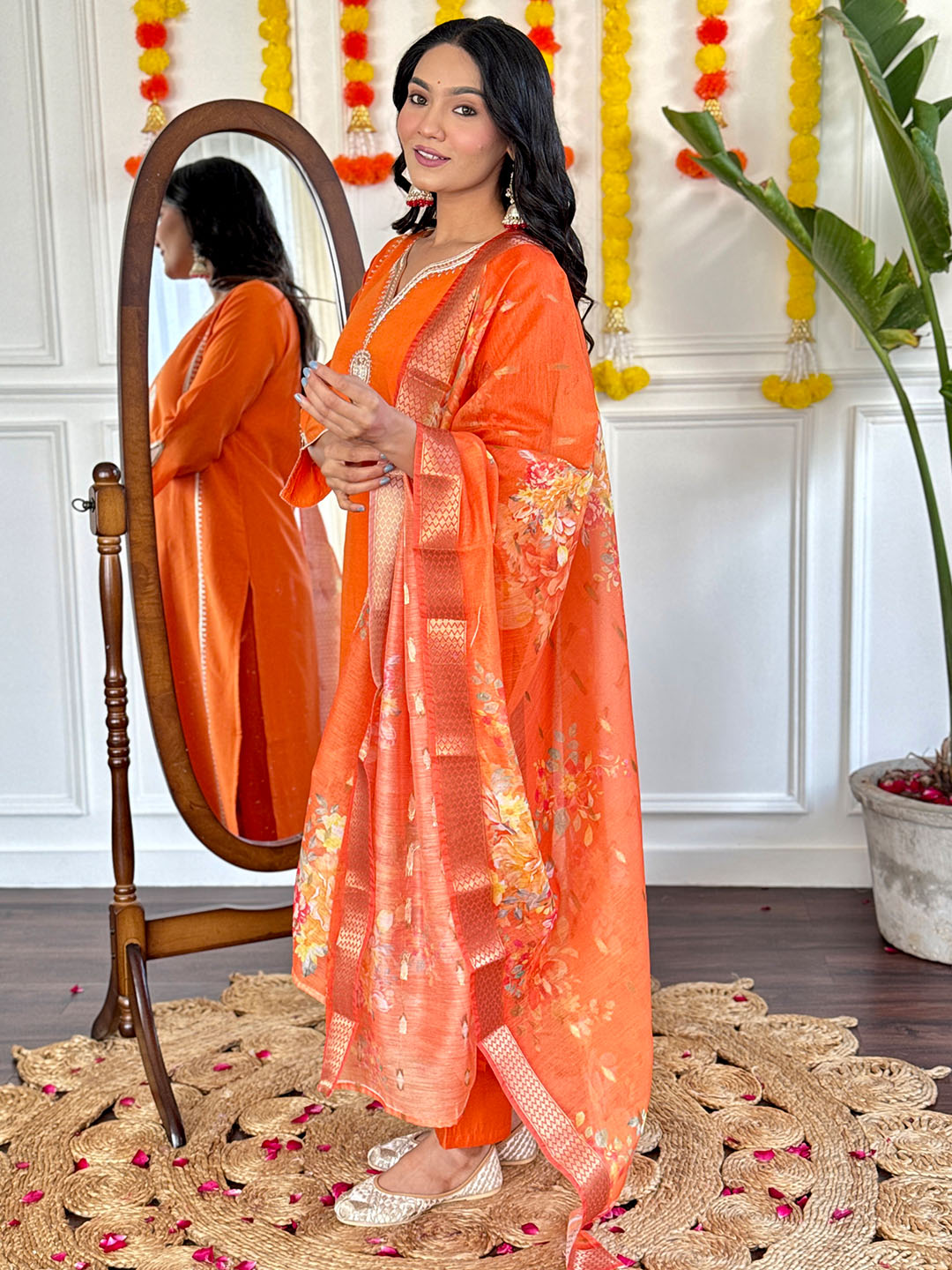 Orange Viscose Chanderi with Lining Embroidered Straight Kurta with Viscose Chanderi Pant And Jacquard Silk Printed Dupatta Set