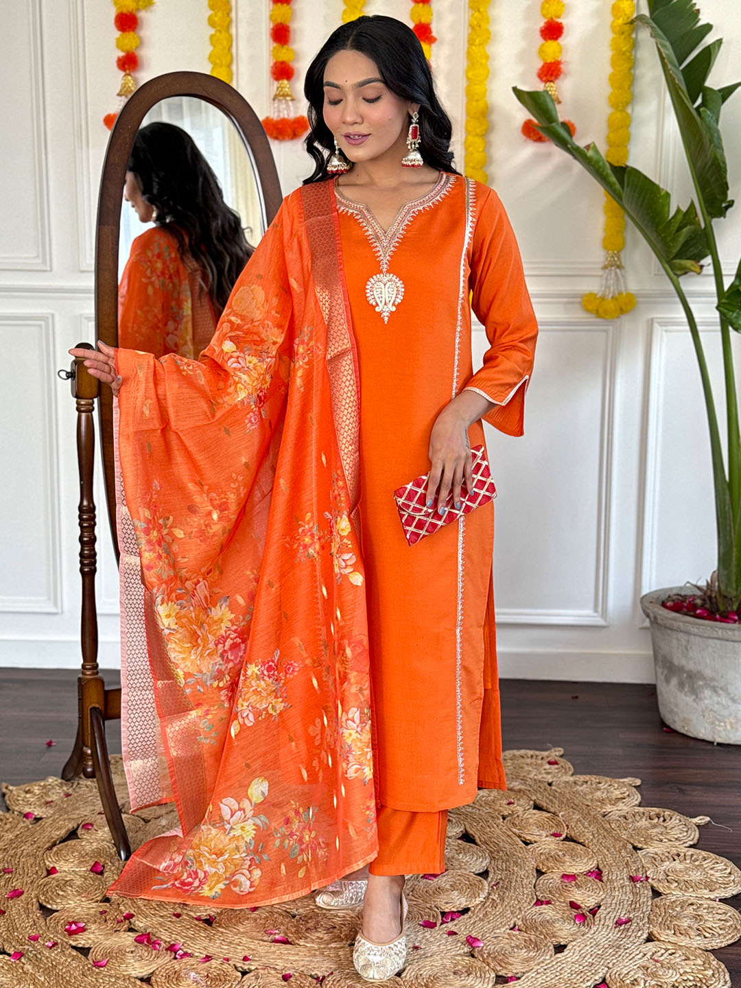 Orange Viscose Chanderi with Lining Embroidered Straight Kurta with Viscose Chanderi Pant And Jacquard Silk Printed Dupatta Set