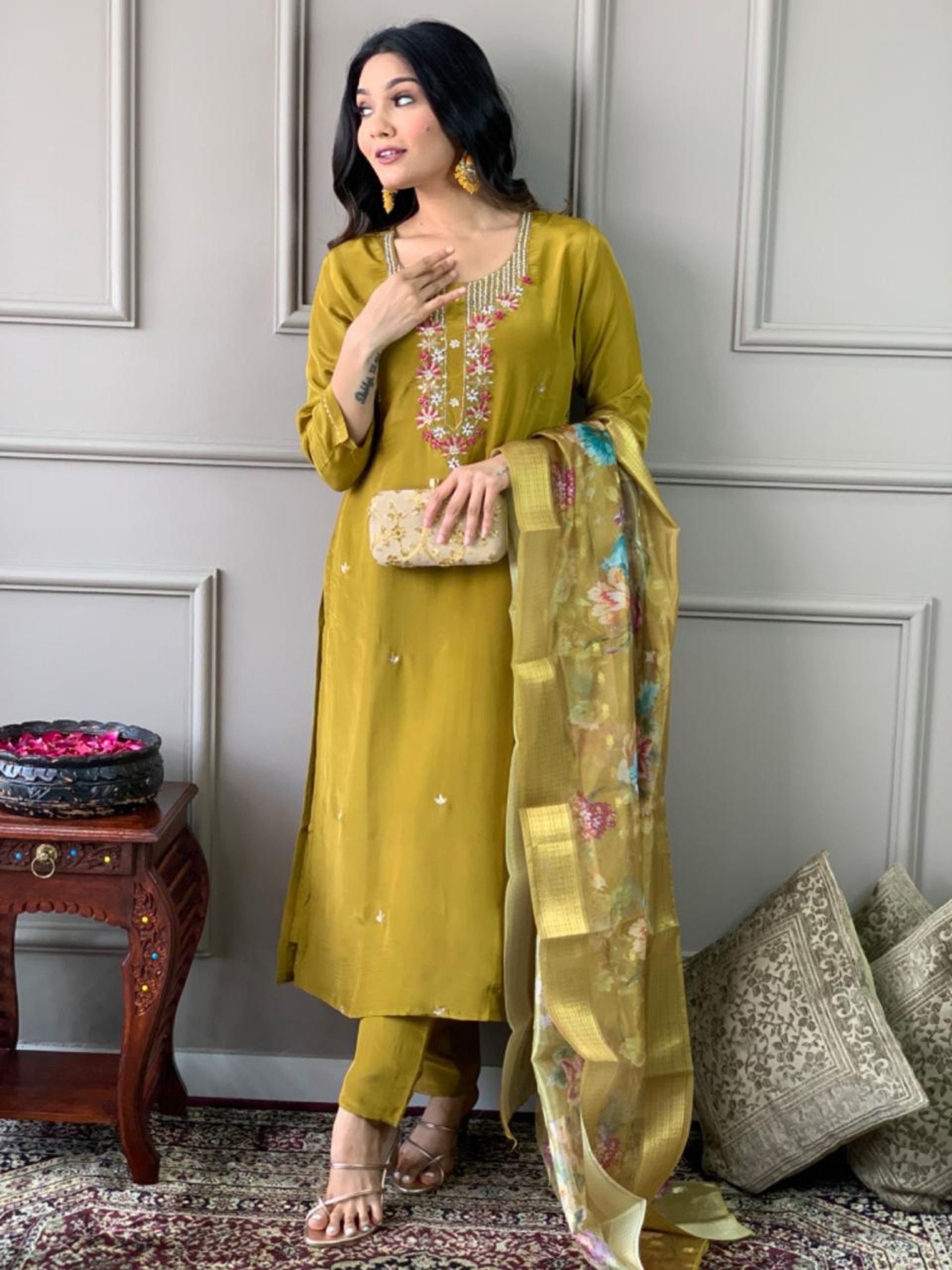 Chanderi Viscose Embroidered Kurta With Bottom & Dupatta Set