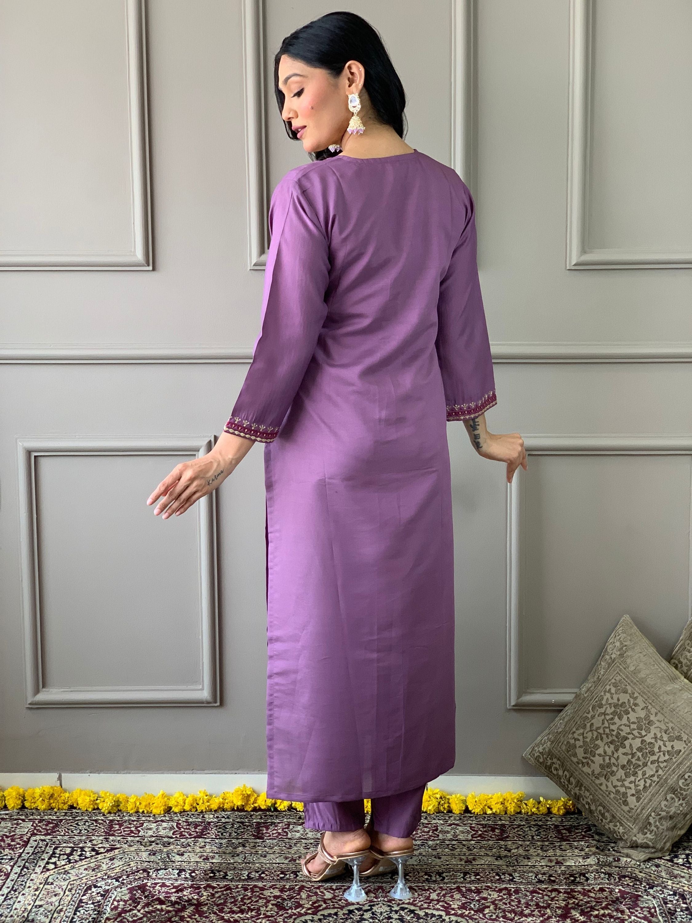 Light Purple Chanderi Viscose Embroidered Kurta With Bottom & Dupatta Set