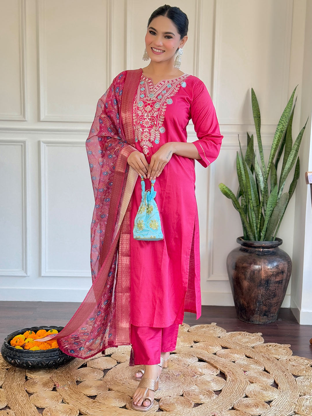 Pink Colour Embroidered Chanderi Kurta WIth Bottom & Dupatta Set