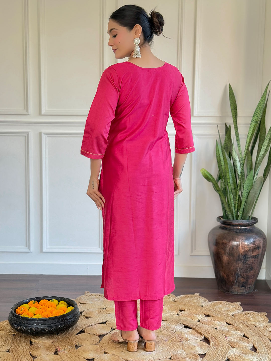 Pink Colour Embroidered Chanderi Kurta WIth Bottom & Dupatta Set