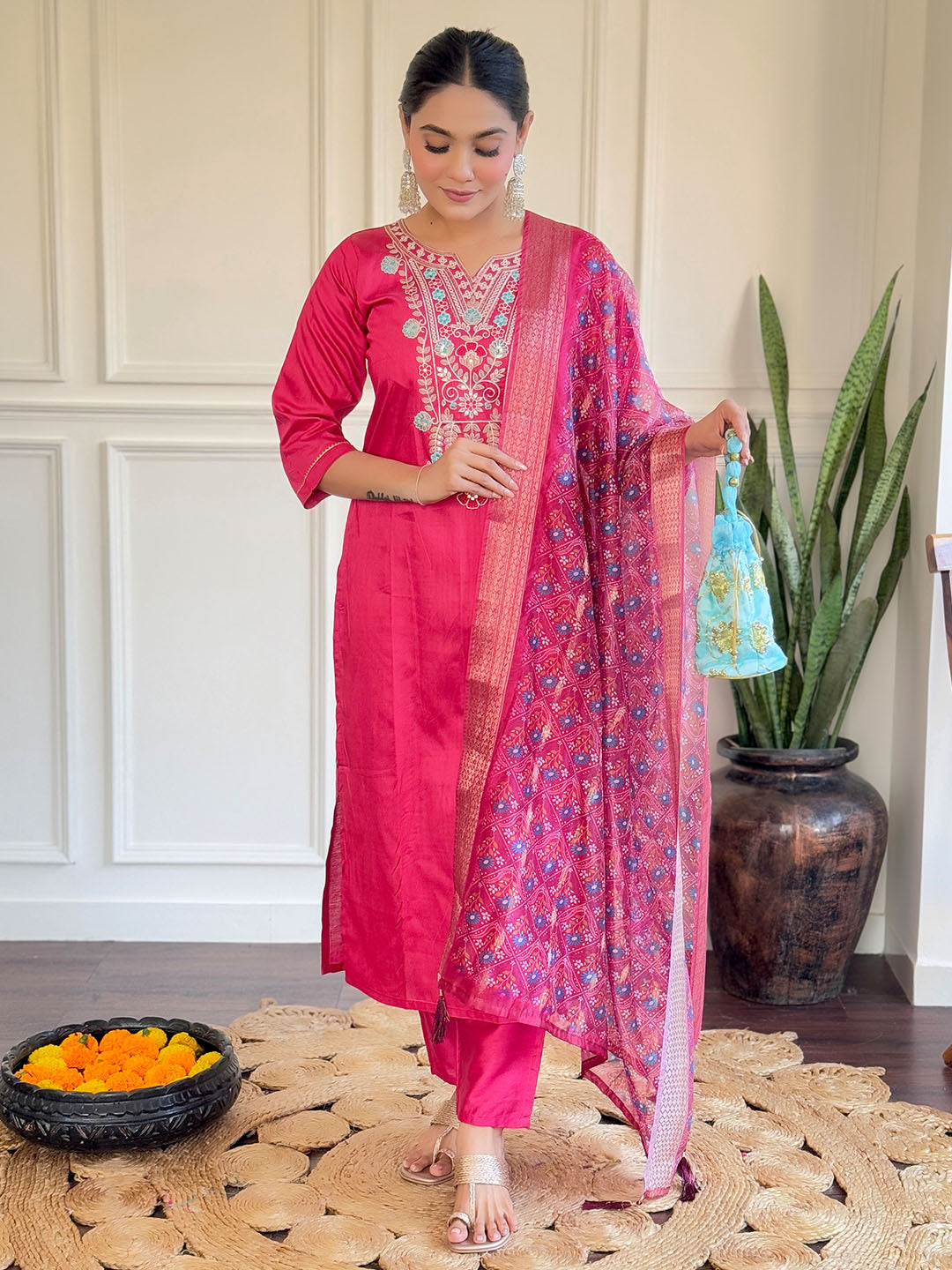 Pink Colour Embroidered Chanderi Kurta WIth Bottom & Dupatta Set