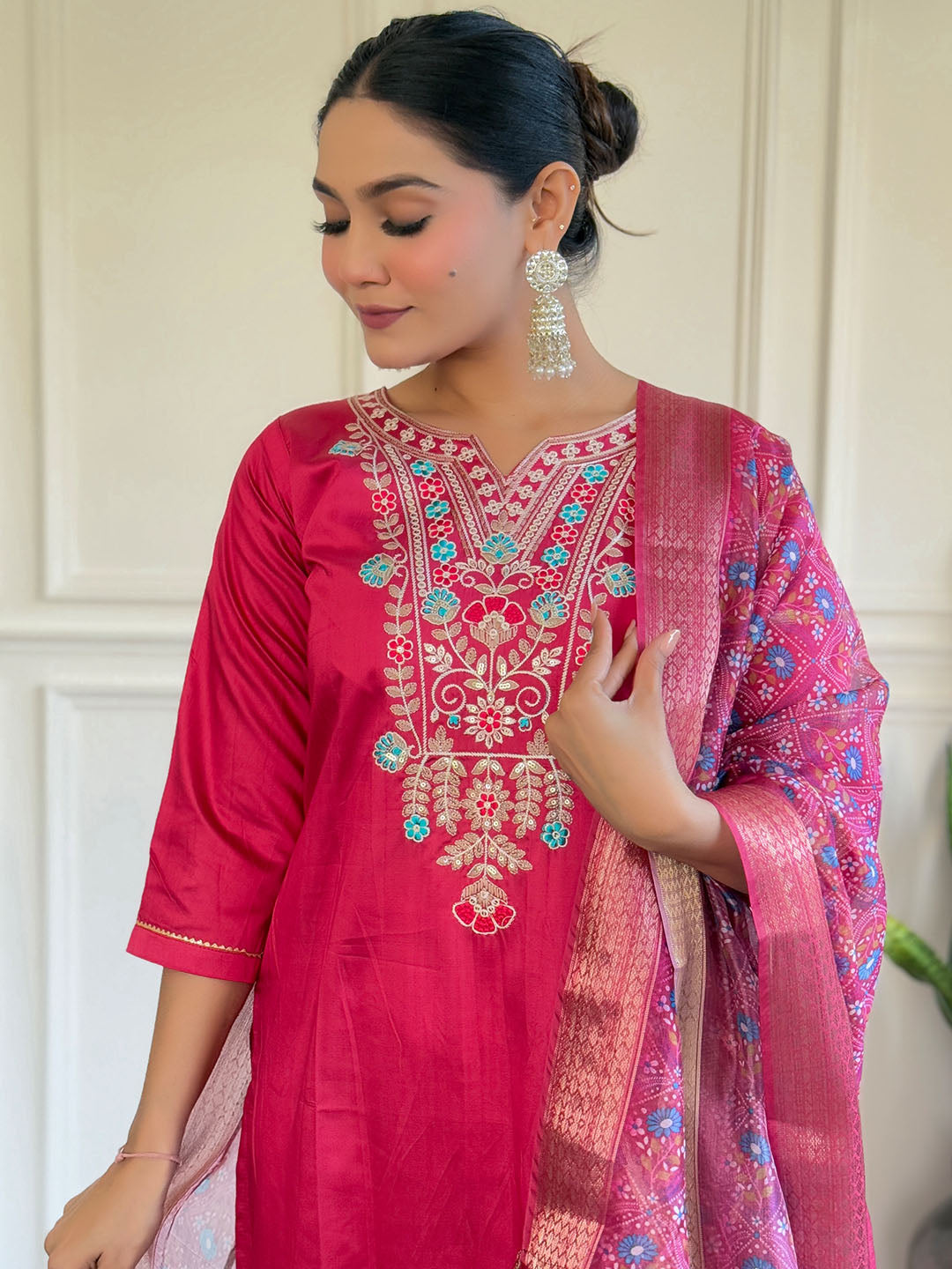 Pink Colour Embroidered Chanderi Kurta WIth Bottom & Dupatta Set