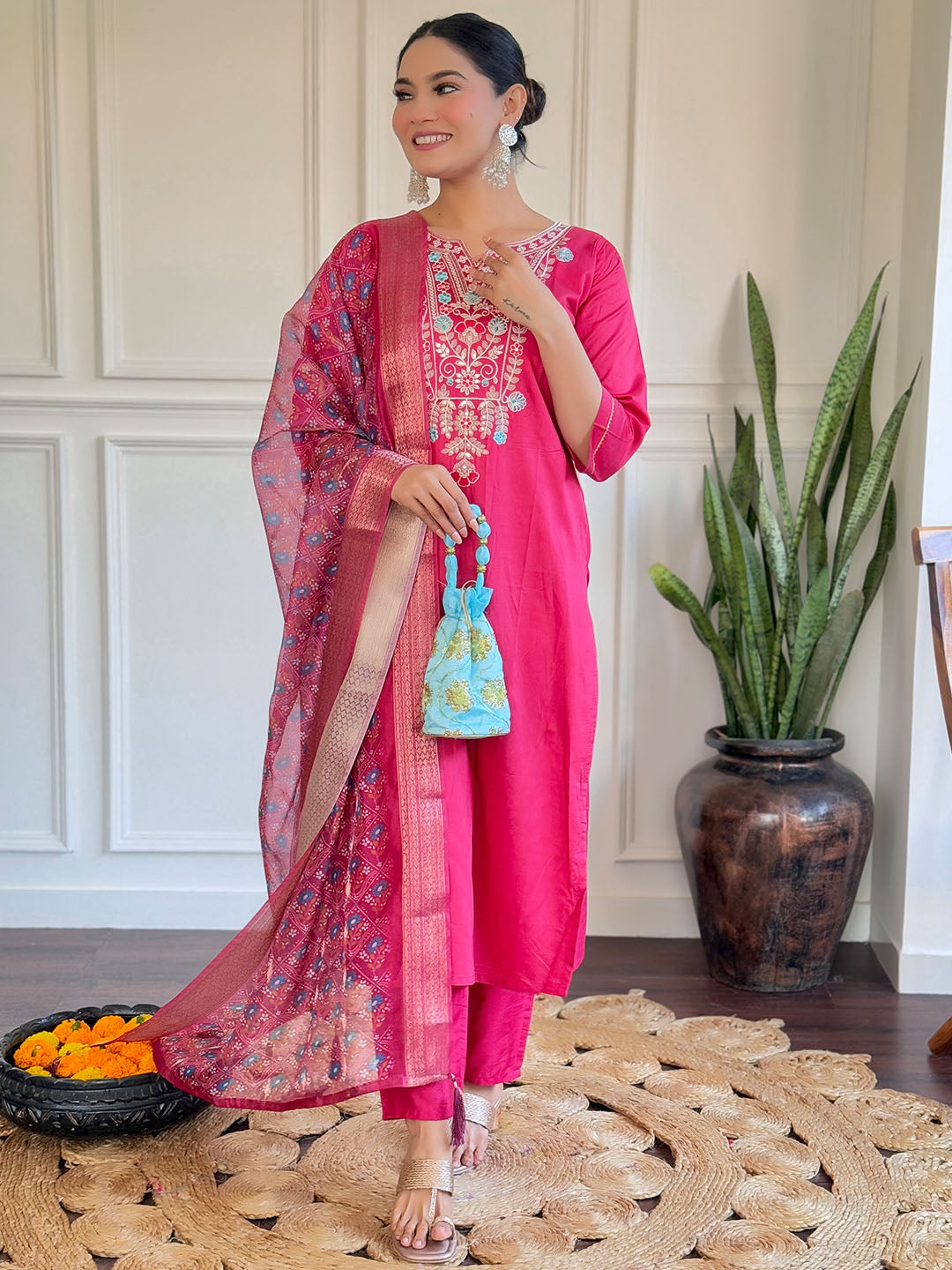 Pink Colour Embroidered Chanderi Kurta WIth Bottom & Dupatta Set