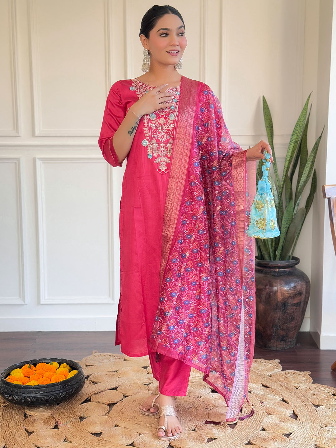 Pink Colour Embroidered Chanderi Kurta WIth Bottom & Dupatta Set