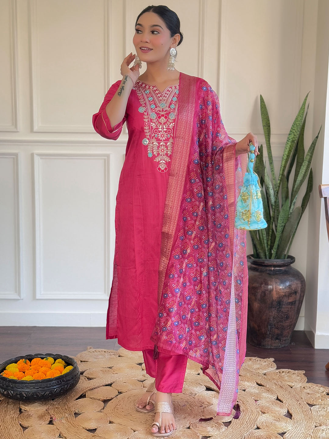 Pink Colour Embroidered Chanderi Kurta WIth Bottom & Dupatta Set