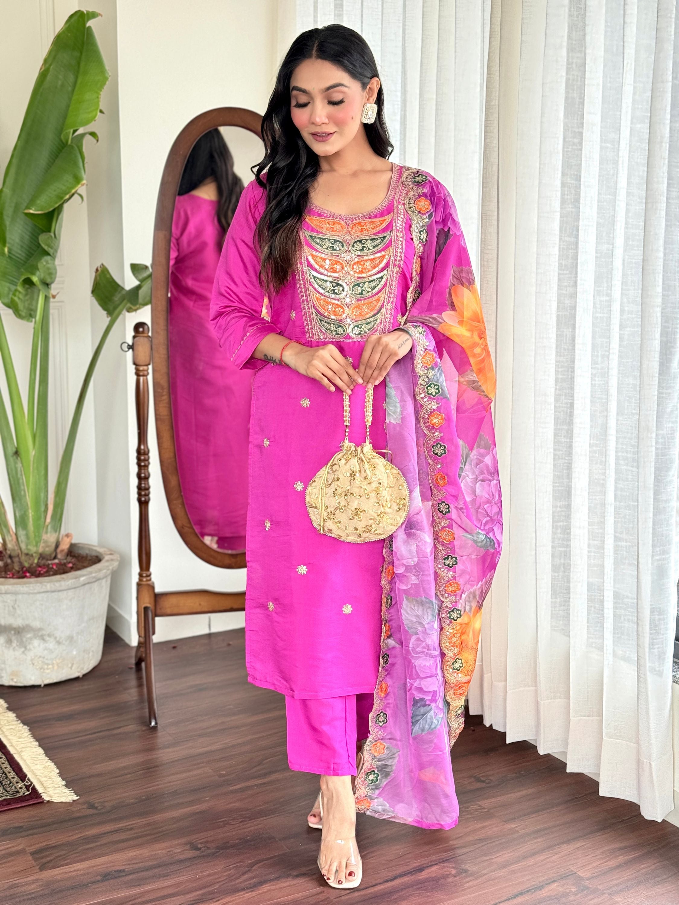 Chanderi Viscose Paisley Embroidered Kurta With Bottom & Dupatta Set