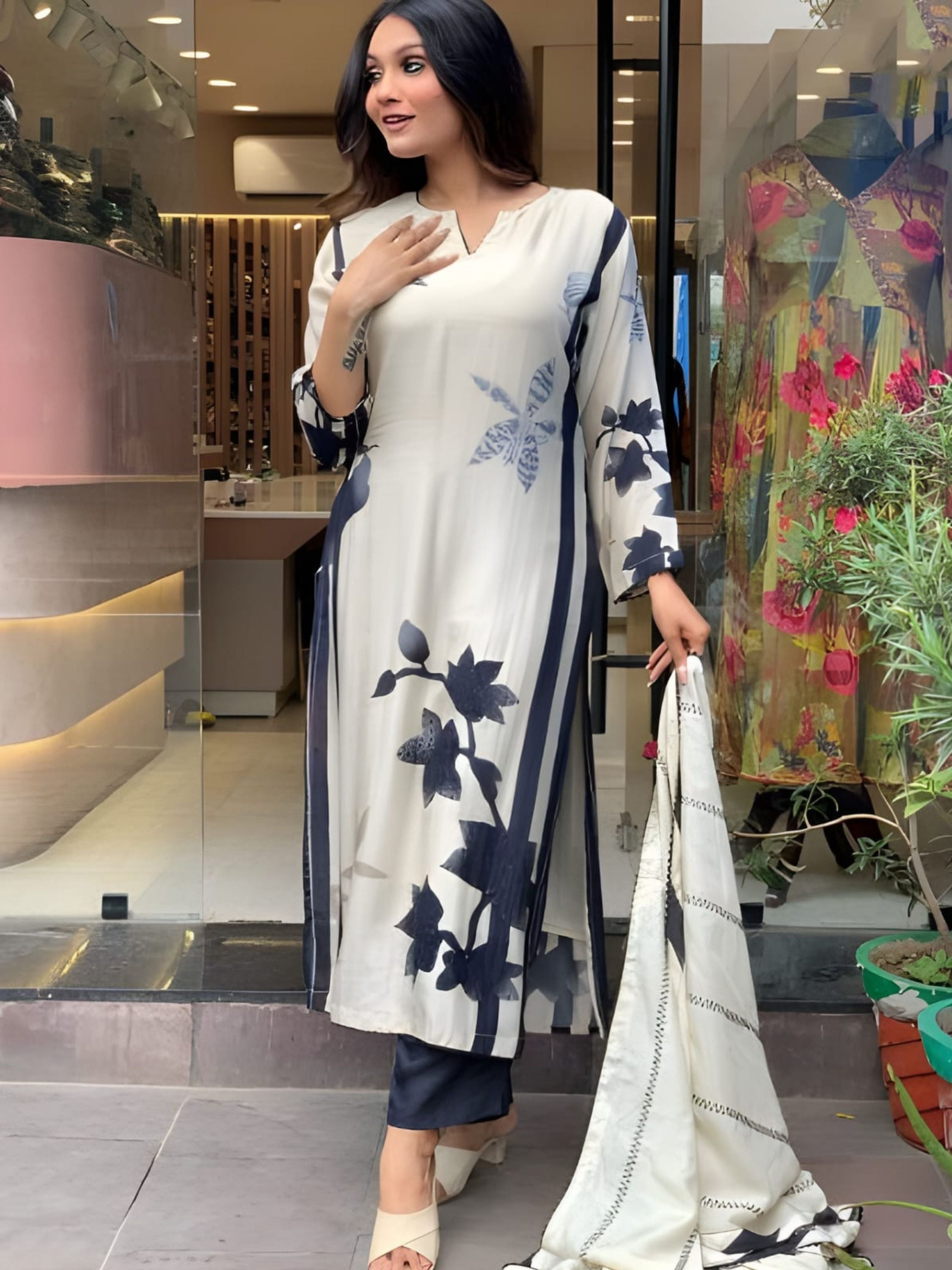 Muslin Printed Kurta With Bottom & Dupatta Set