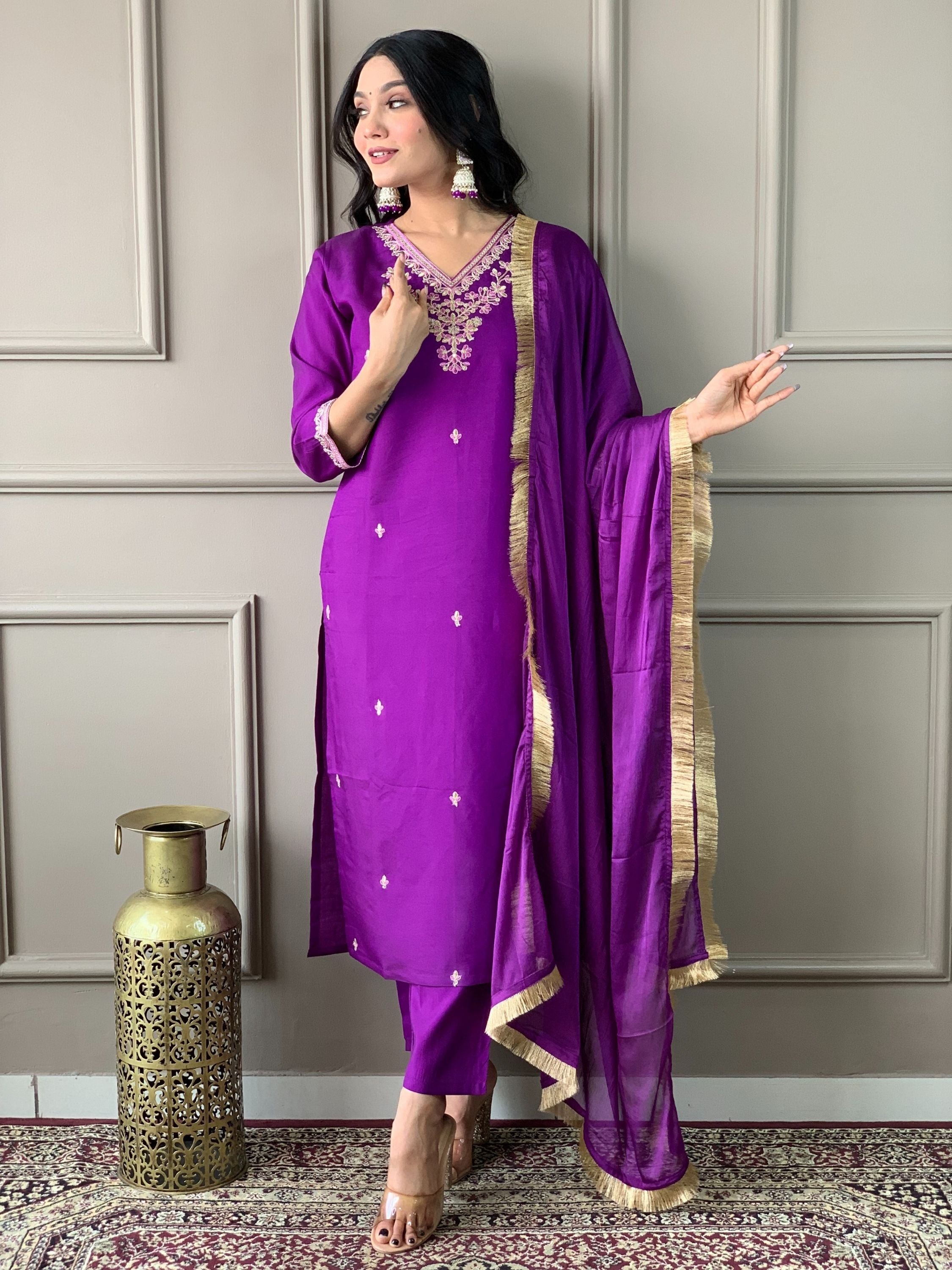 Purple Chanderi Viscose Embroidered Kurta With Bottom & Dupatta Set