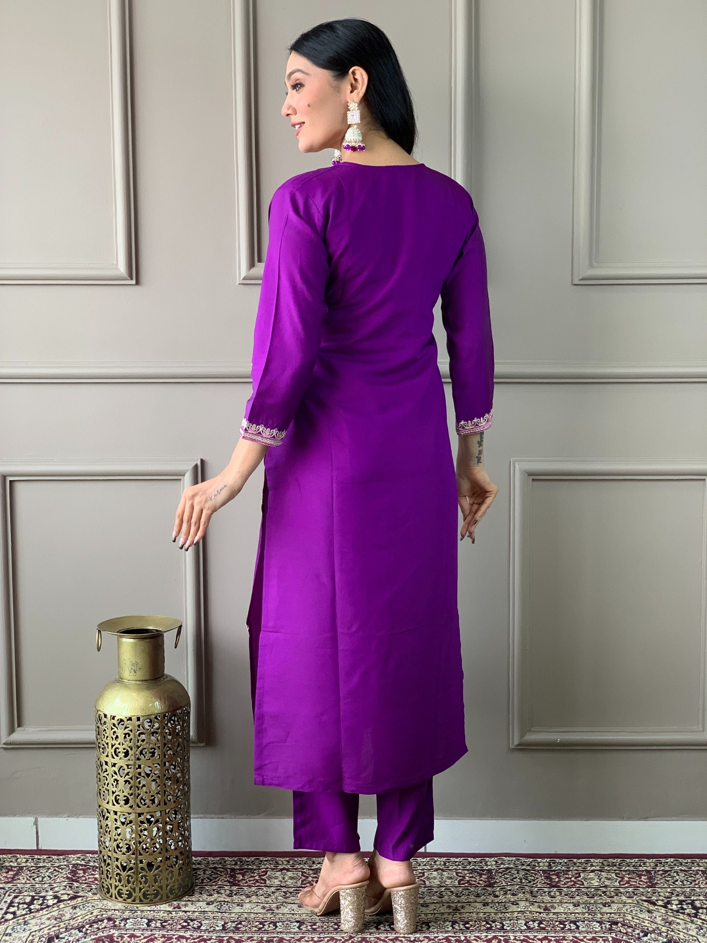 Purple Chanderi Viscose Embroidered Kurta With Bottom & Dupatta Set