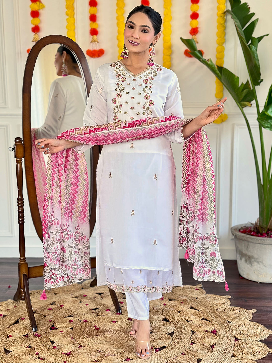 White Color Viscose Chanderi Embroidered Kurta WIth bottom & Dupatta Set