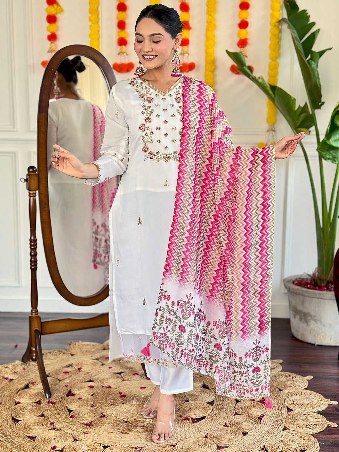 White Color Viscose Chanderi Embroidered Kurta WIth bottom & Dupatta Set