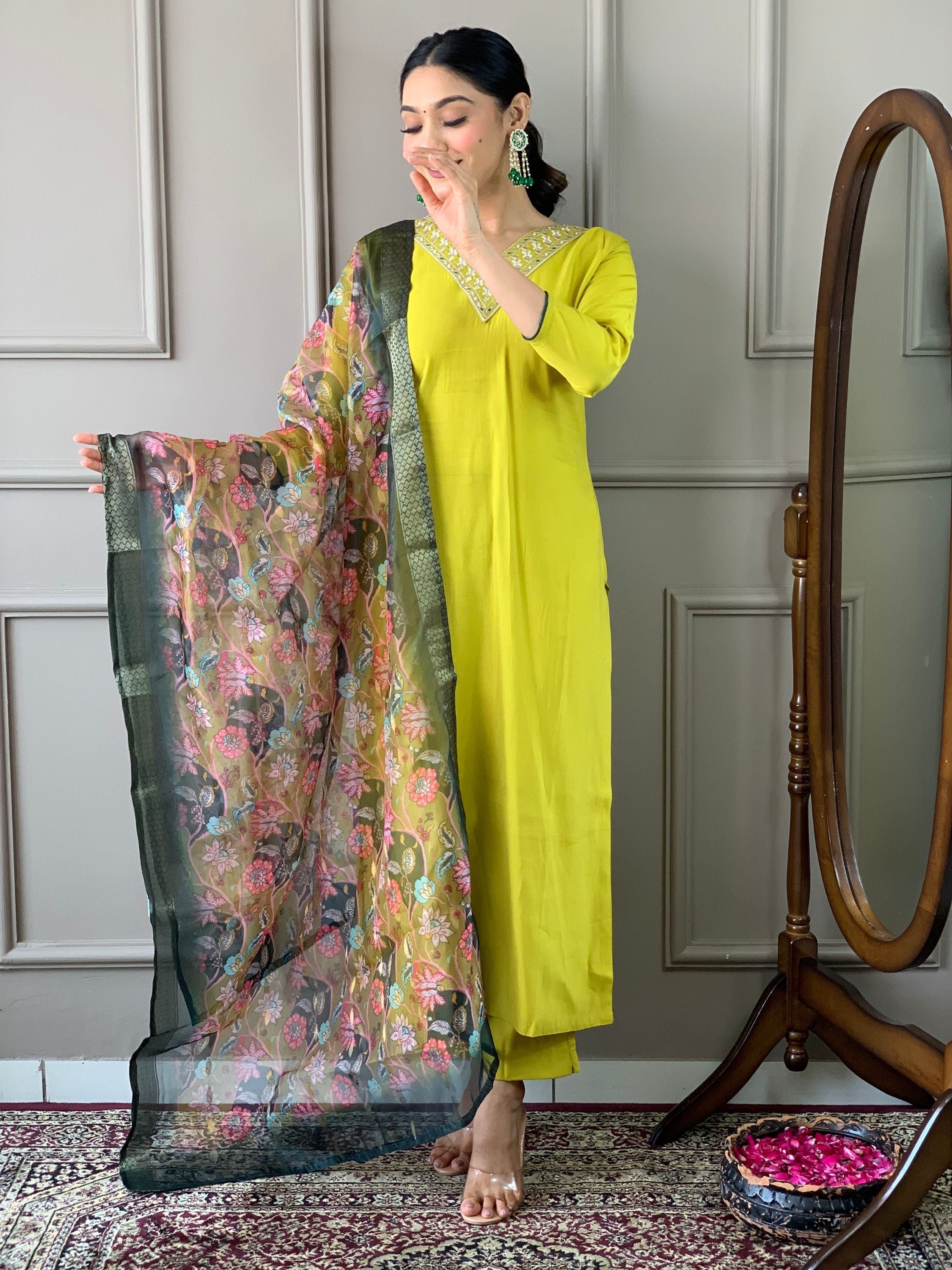 Lemon Chanderi Viscose Embroidered Kurta With Bottom & Dupatta Set