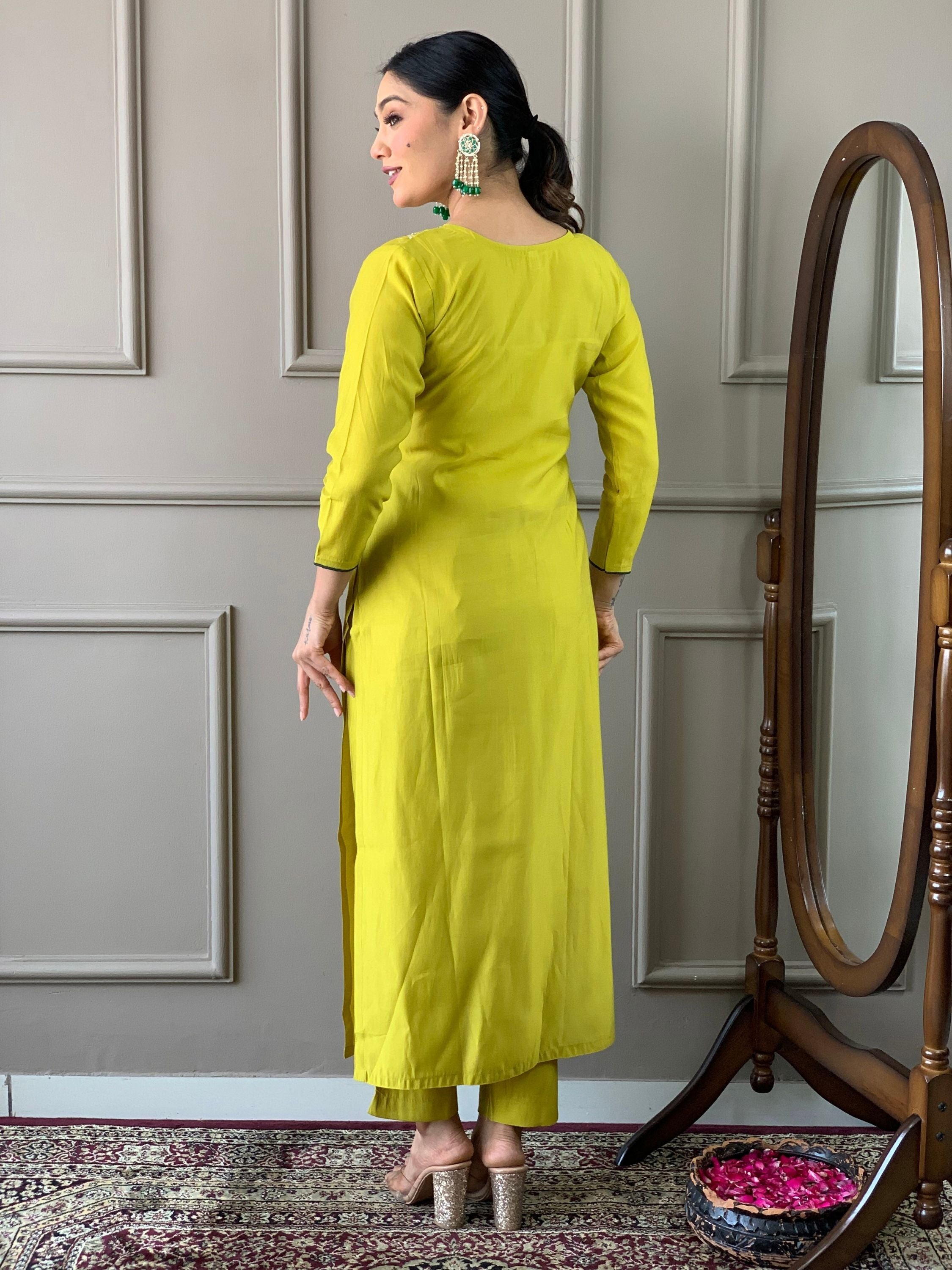 Lemon Chanderi Viscose Embroidered Kurta With Bottom & Dupatta Set