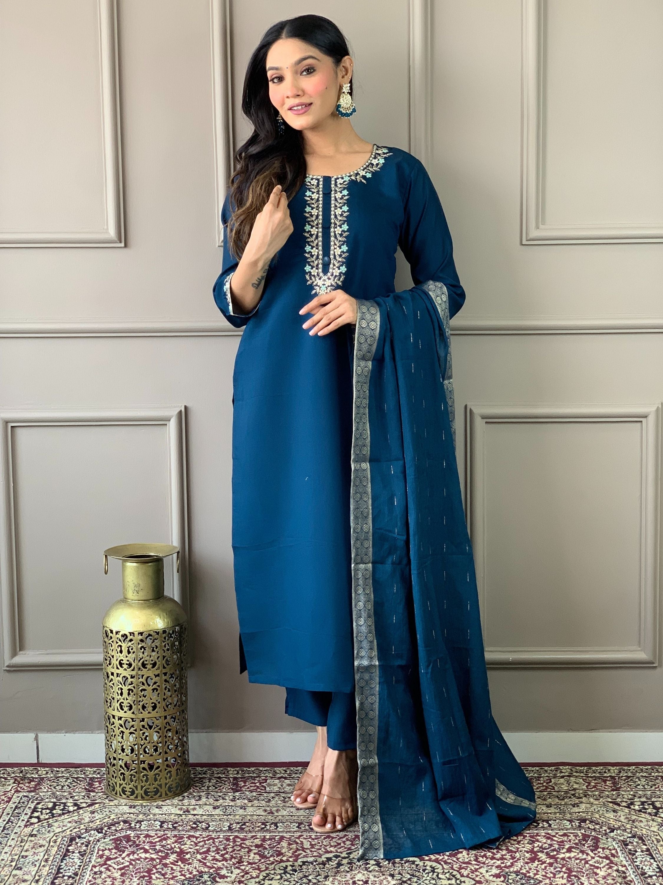 Teal Chanderi Viscose Embroidered Kurta With Bottom & Dupatta Set