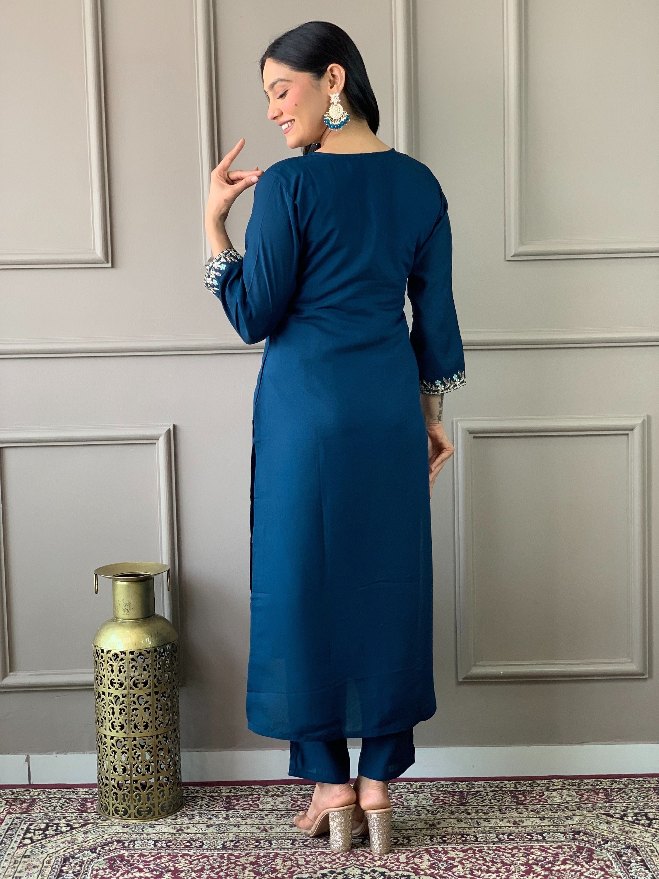 Teal Chanderi Viscose Embroidered Kurta With Bottom & Dupatta Set