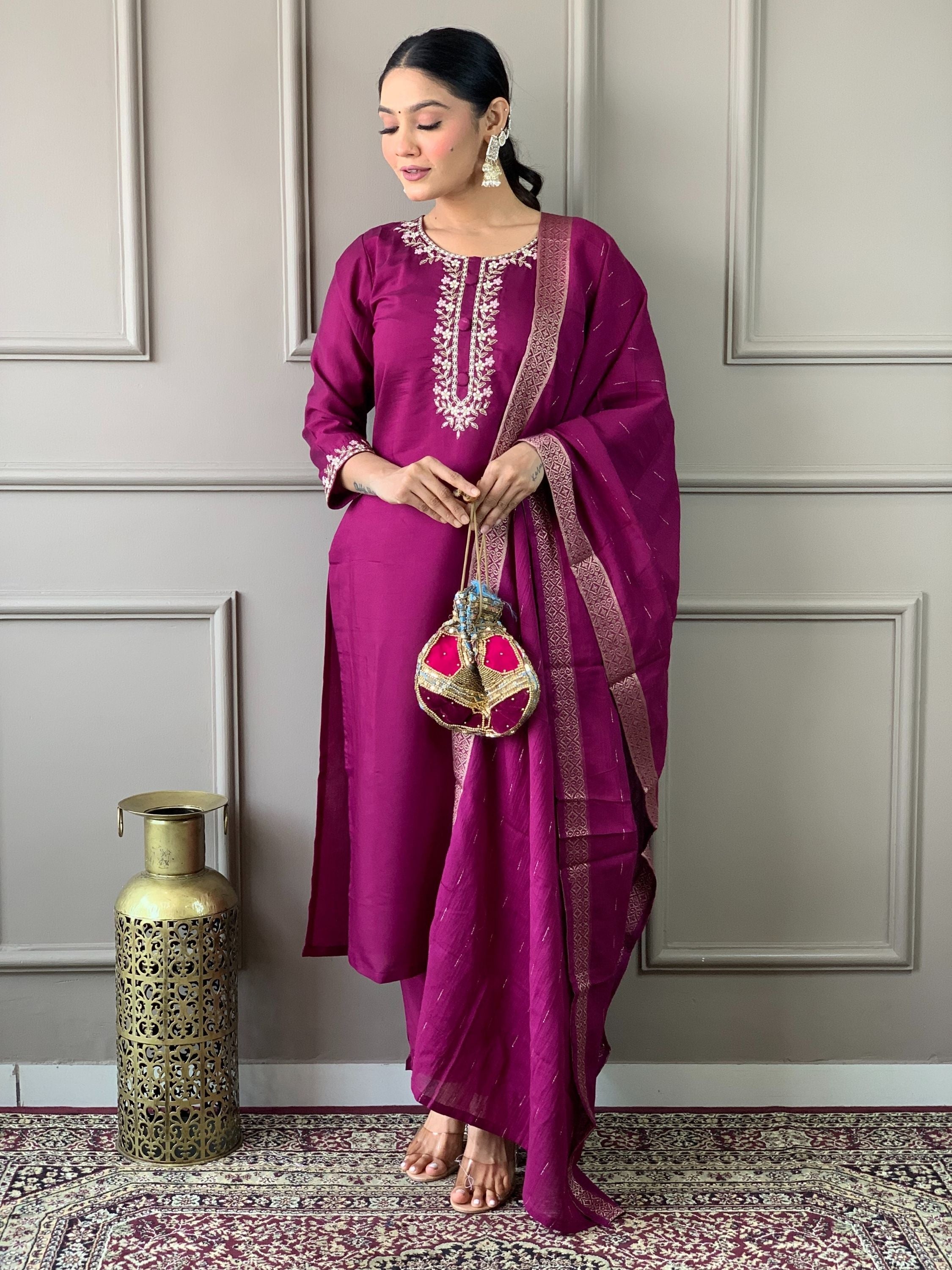 Wine Chanderi Viscose Embroidered Kurta With Bottom & Dupatta Set