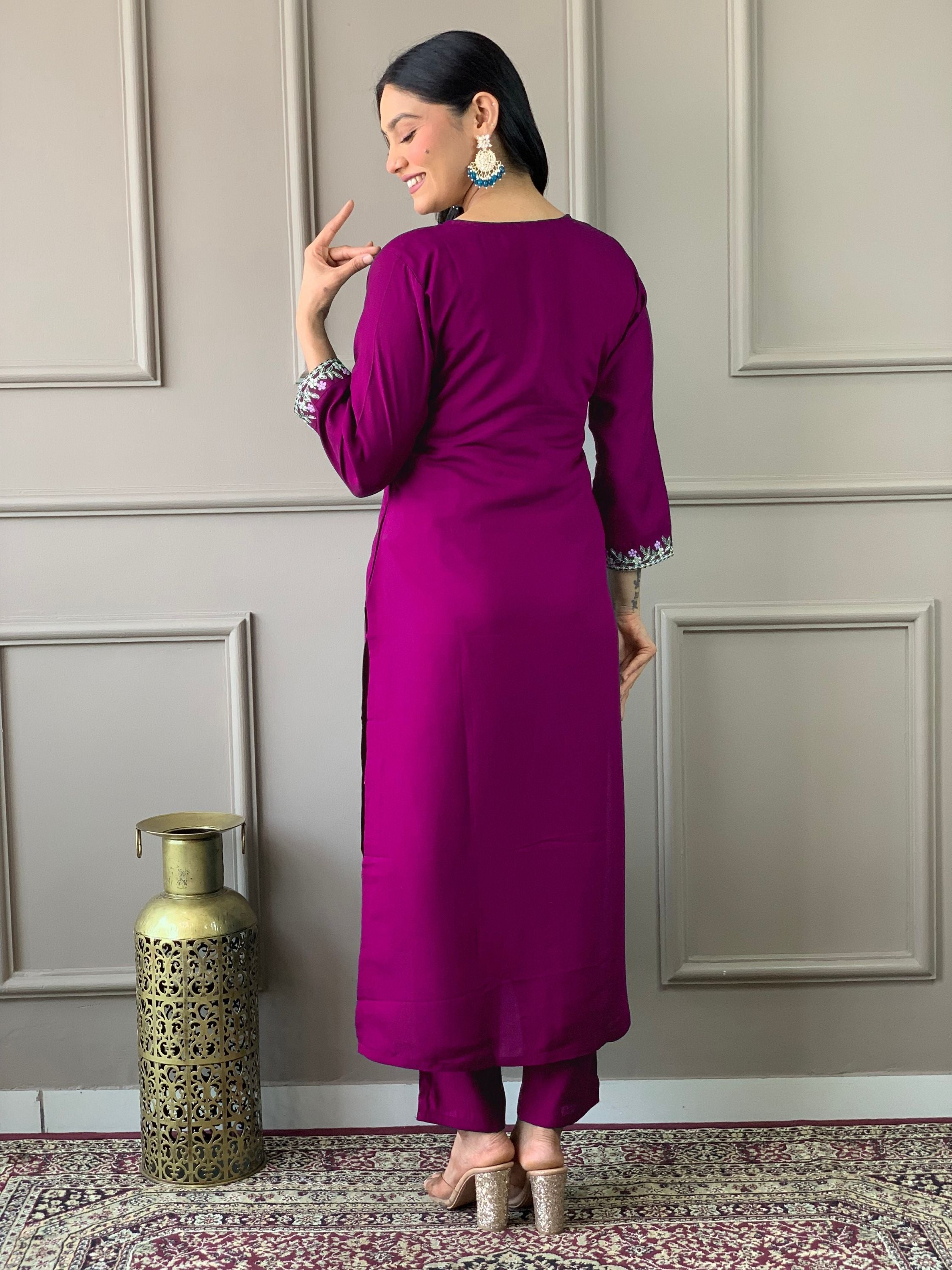 Wine Chanderi Viscose Embroidered Kurta With Bottom & Dupatta Set