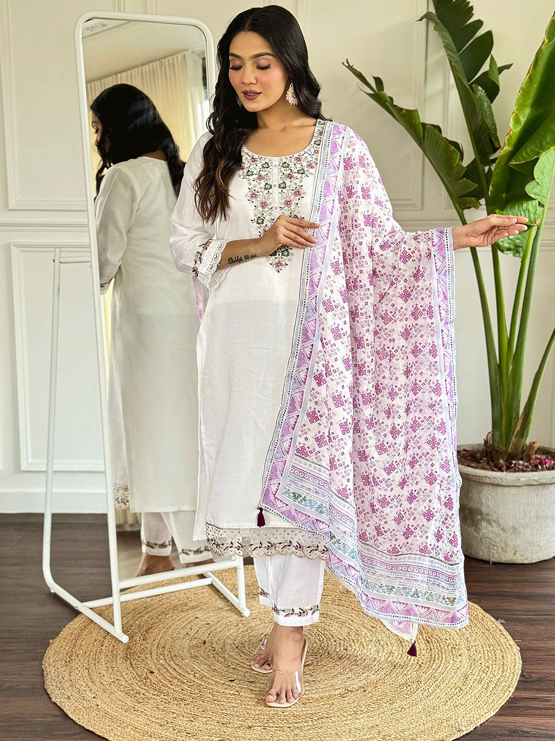 Viscose Chanderi Embroidered Kurta With Bottom & Dupatta Set