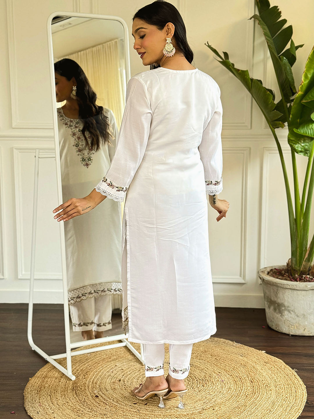 Viscose Chanderi Embroidered Kurta With Bottom & Dupatta Set