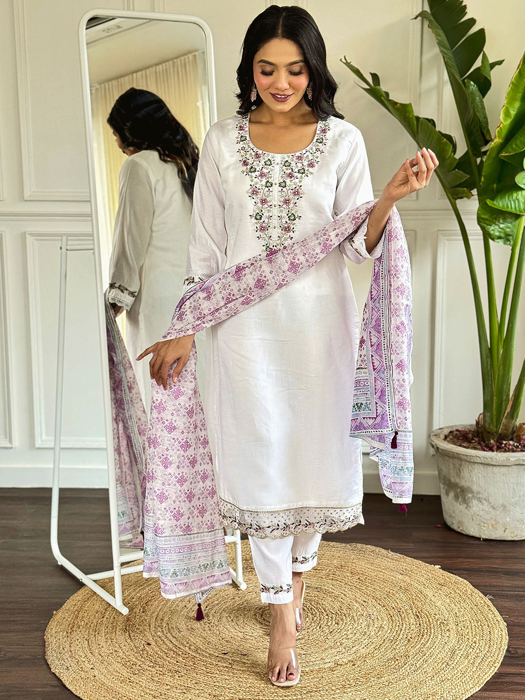 Viscose Chanderi Embroidered Kurta With Bottom & Dupatta Set