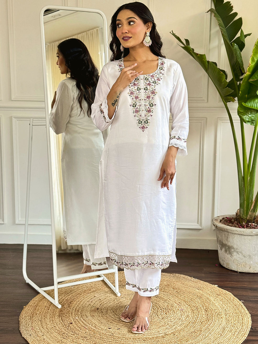 Viscose Chanderi Embroidered Kurta With Bottom & Dupatta Set