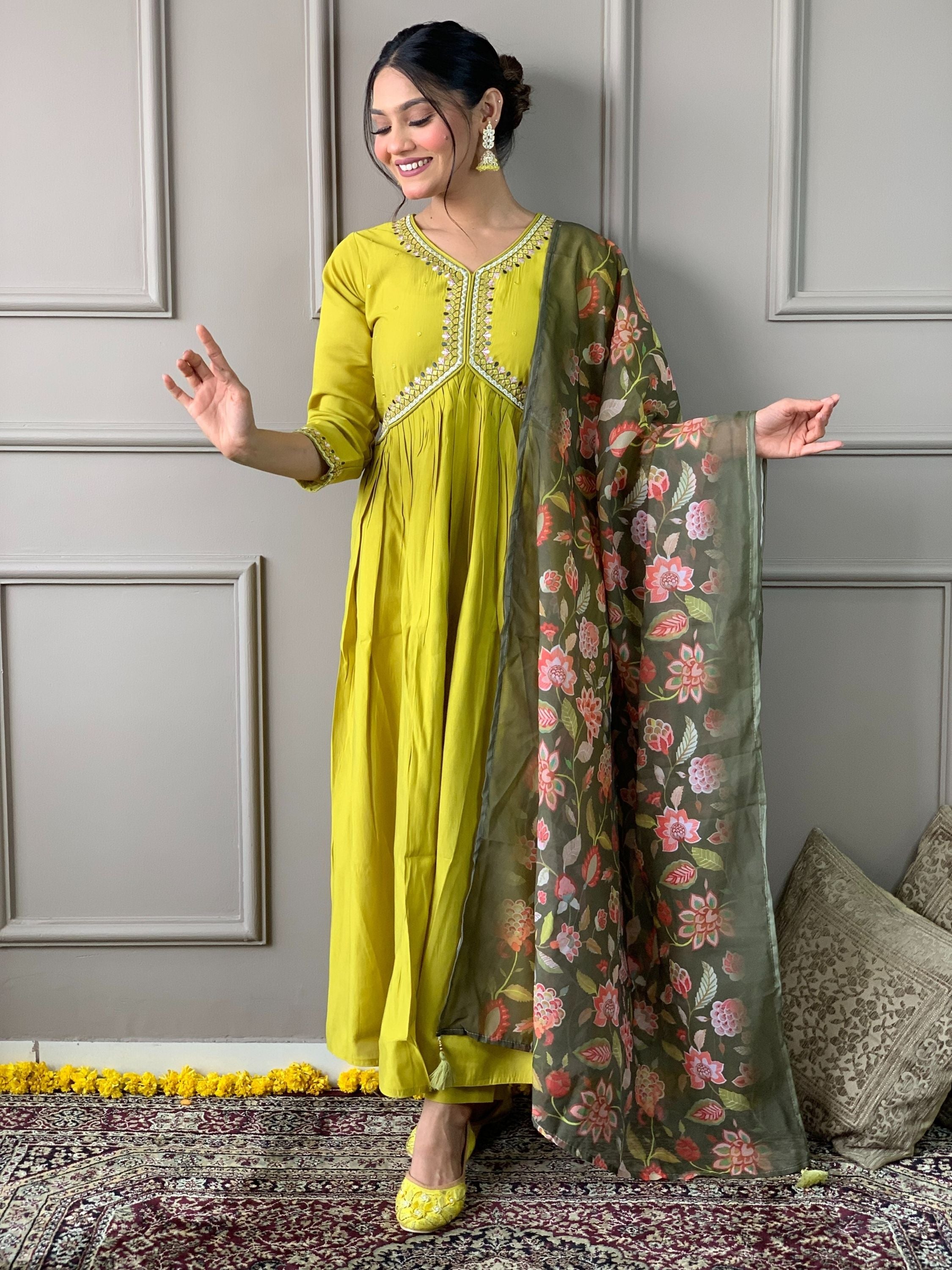 Lemon Colour Chanderi Viscose Embroidered Kurta With Bottom & Dupatta Set