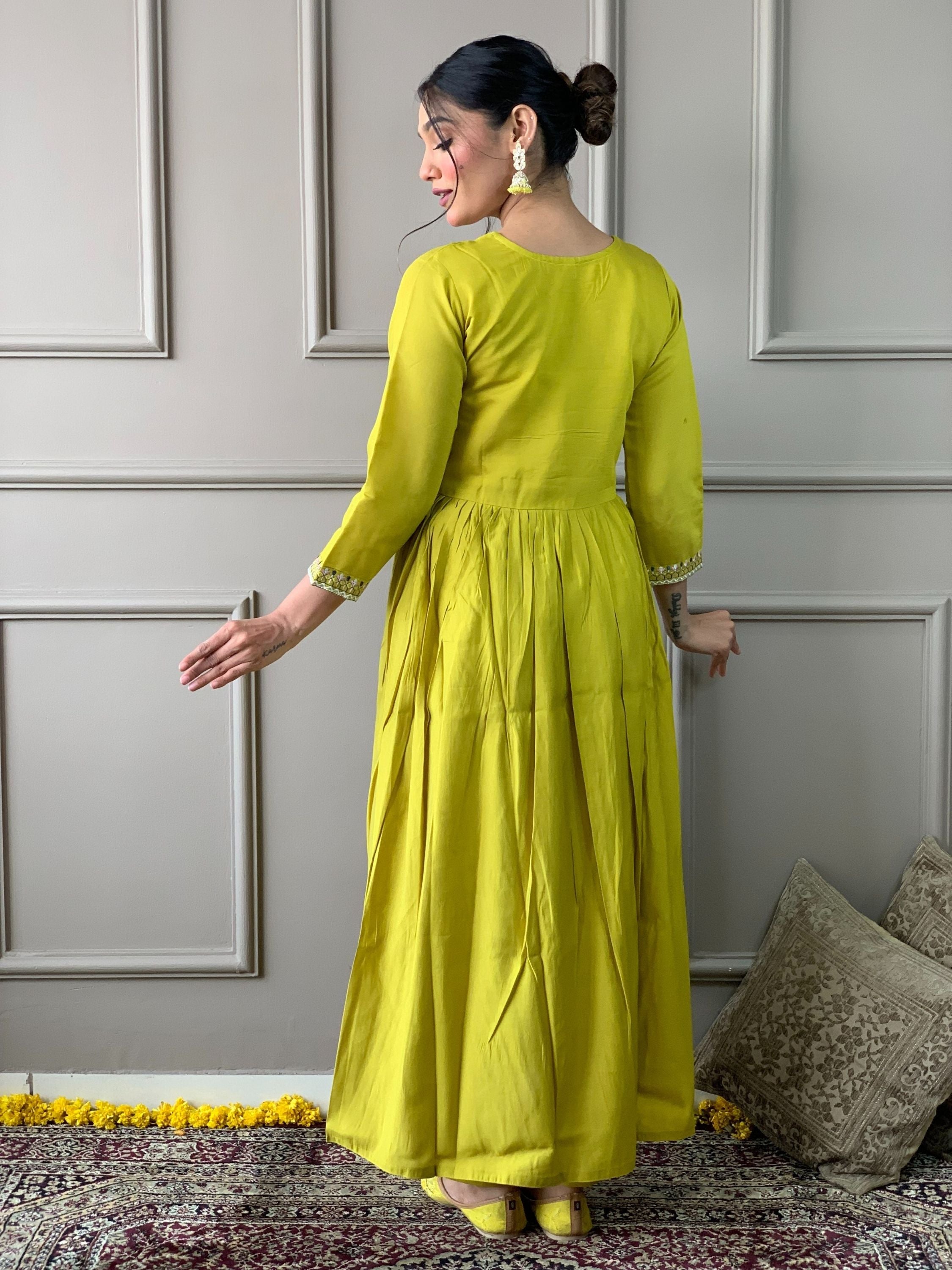 Lemon Colour Chanderi Viscose Embroidered Kurta With Bottom & Dupatta Set