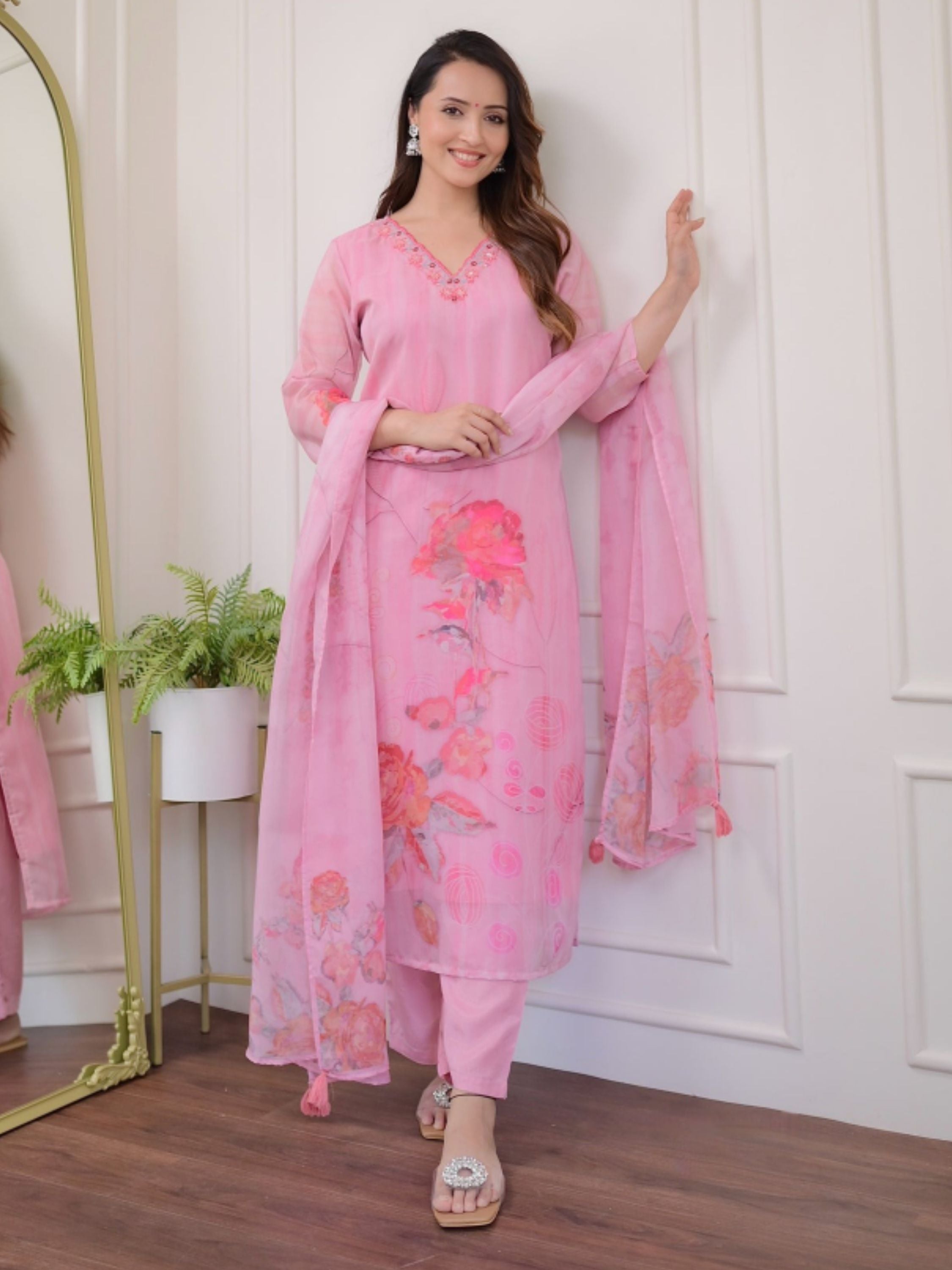 Light Pink Colour Organza Printed Kurta With Bottom & Dupatta Set