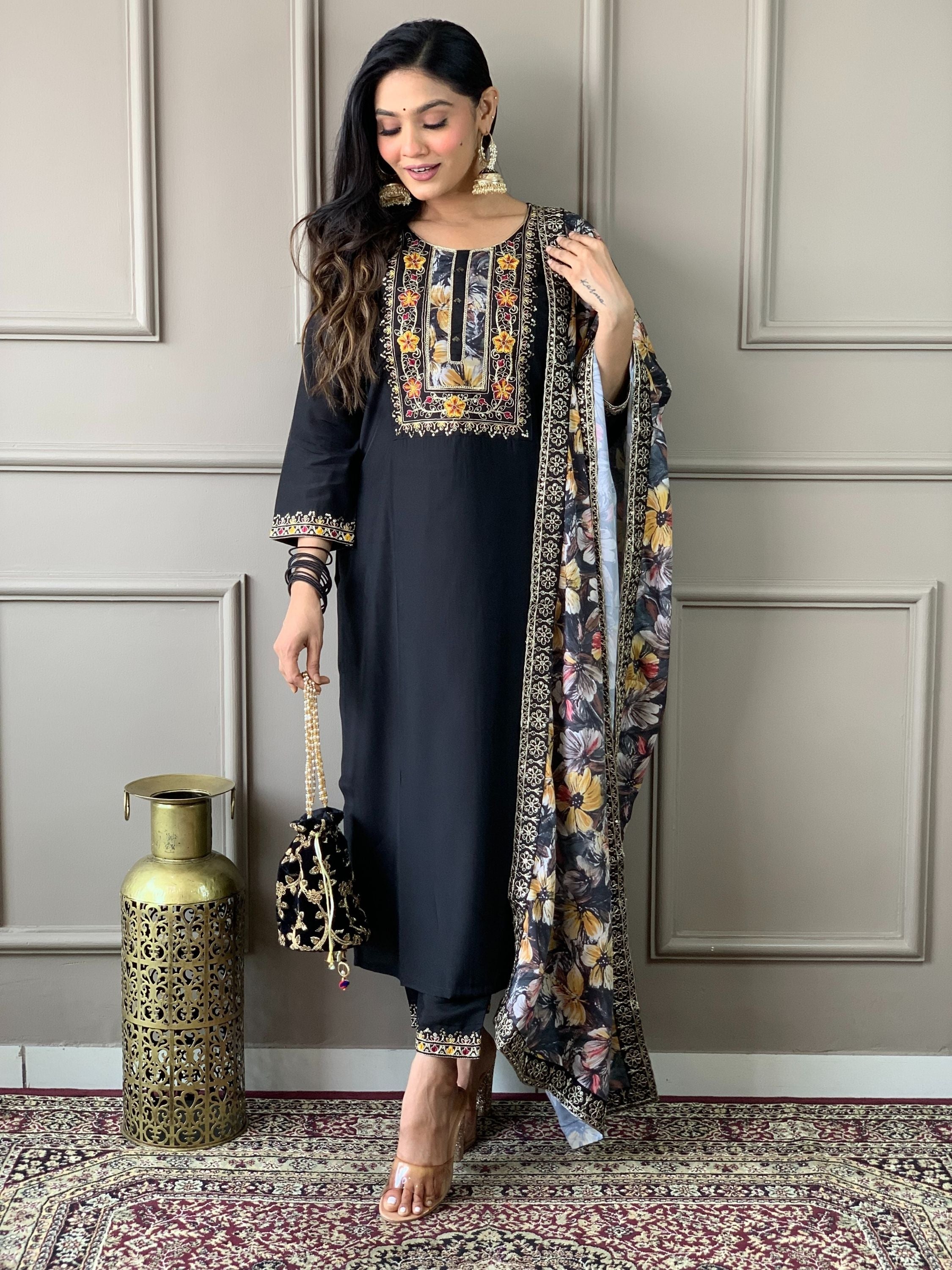 Black Colour Chanderi Viscose Embroidered Kurta With Bottom & Dupatta Set