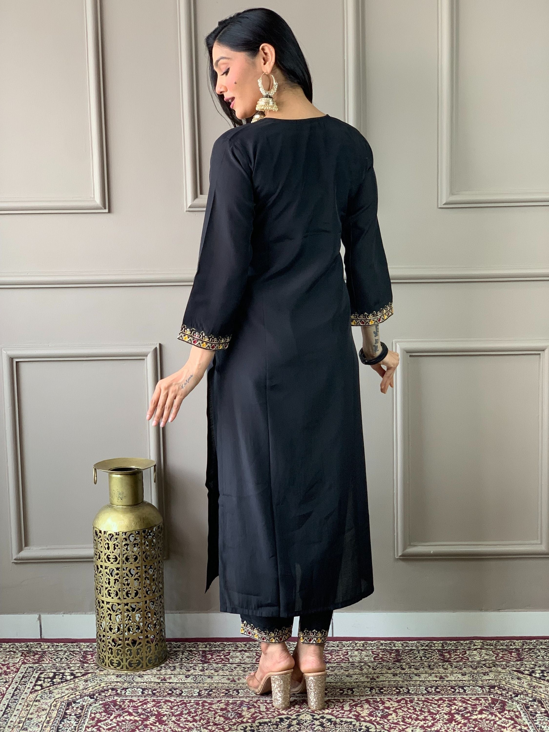 Black Colour Chanderi Viscose Embroidered Kurta With Bottom & Dupatta Set