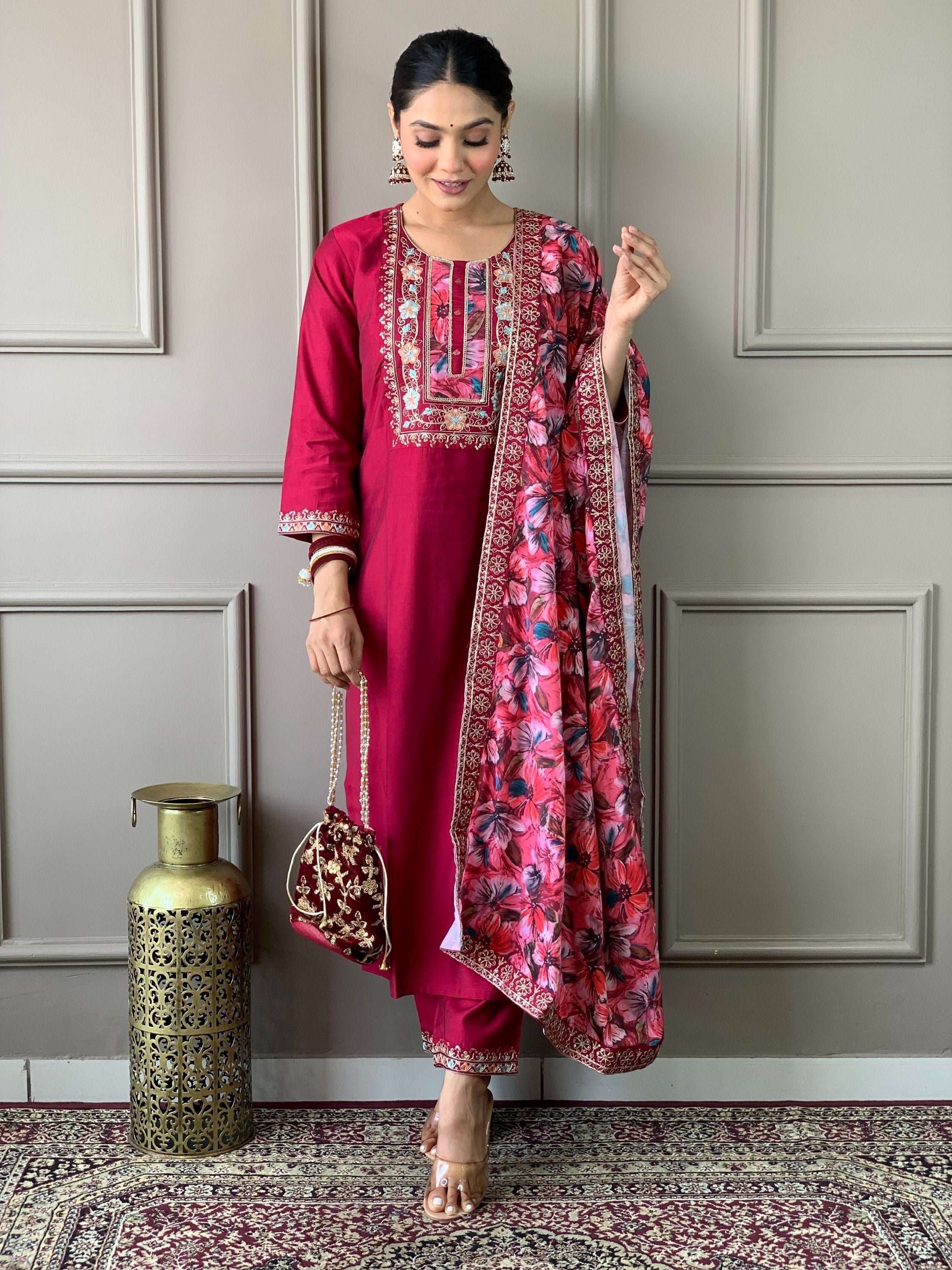 Dark Pink Colour Chanderi Viscose Embroidered Kurta With Bottom & Dupatta Set