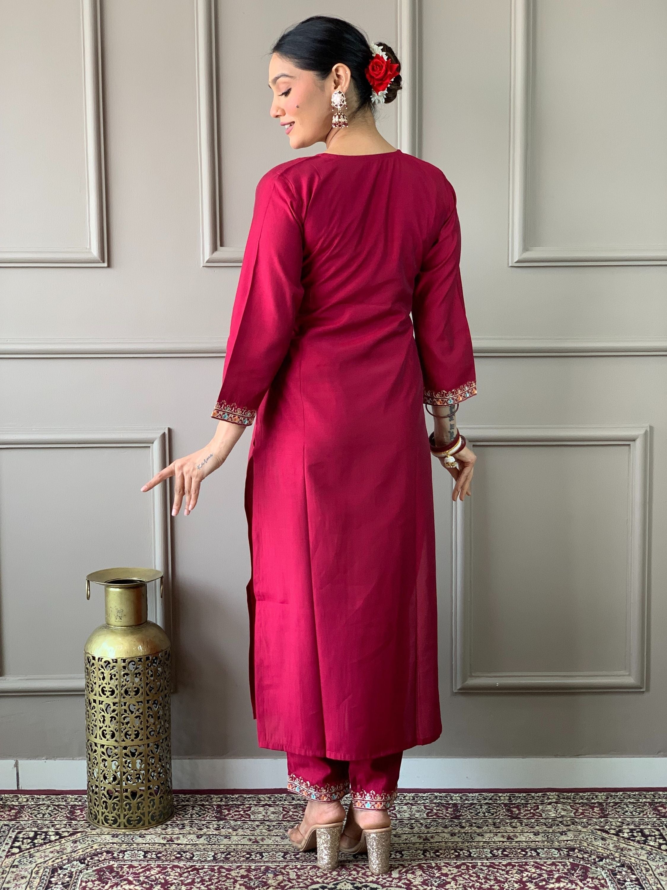 Dark Pink Colour Chanderi Viscose Embroidered Kurta With Bottom & Dupatta Set