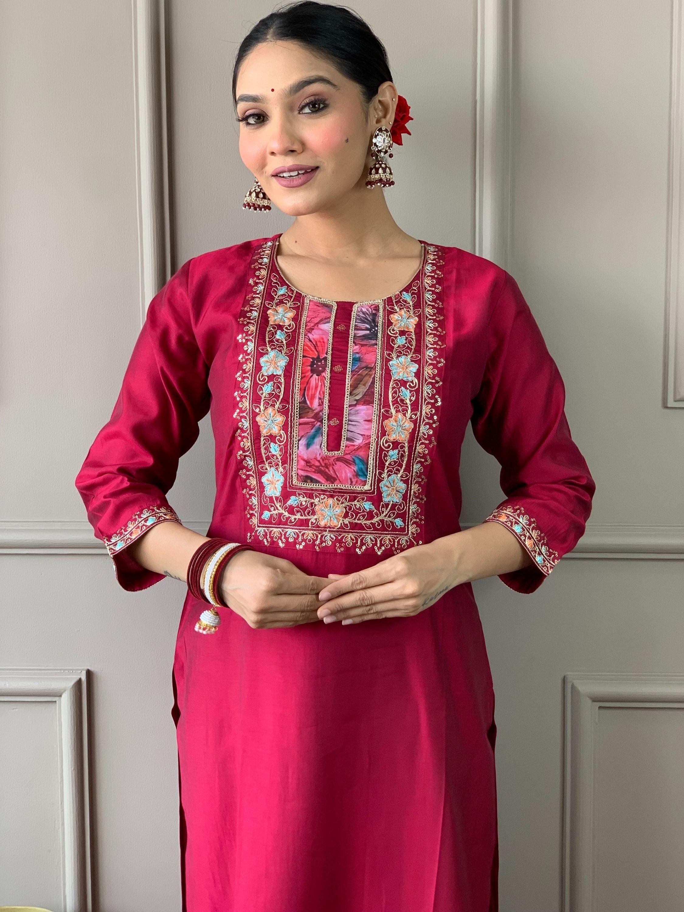 Dark Pink Colour Chanderi Viscose Embroidered Kurta With Bottom & Dupatta Set