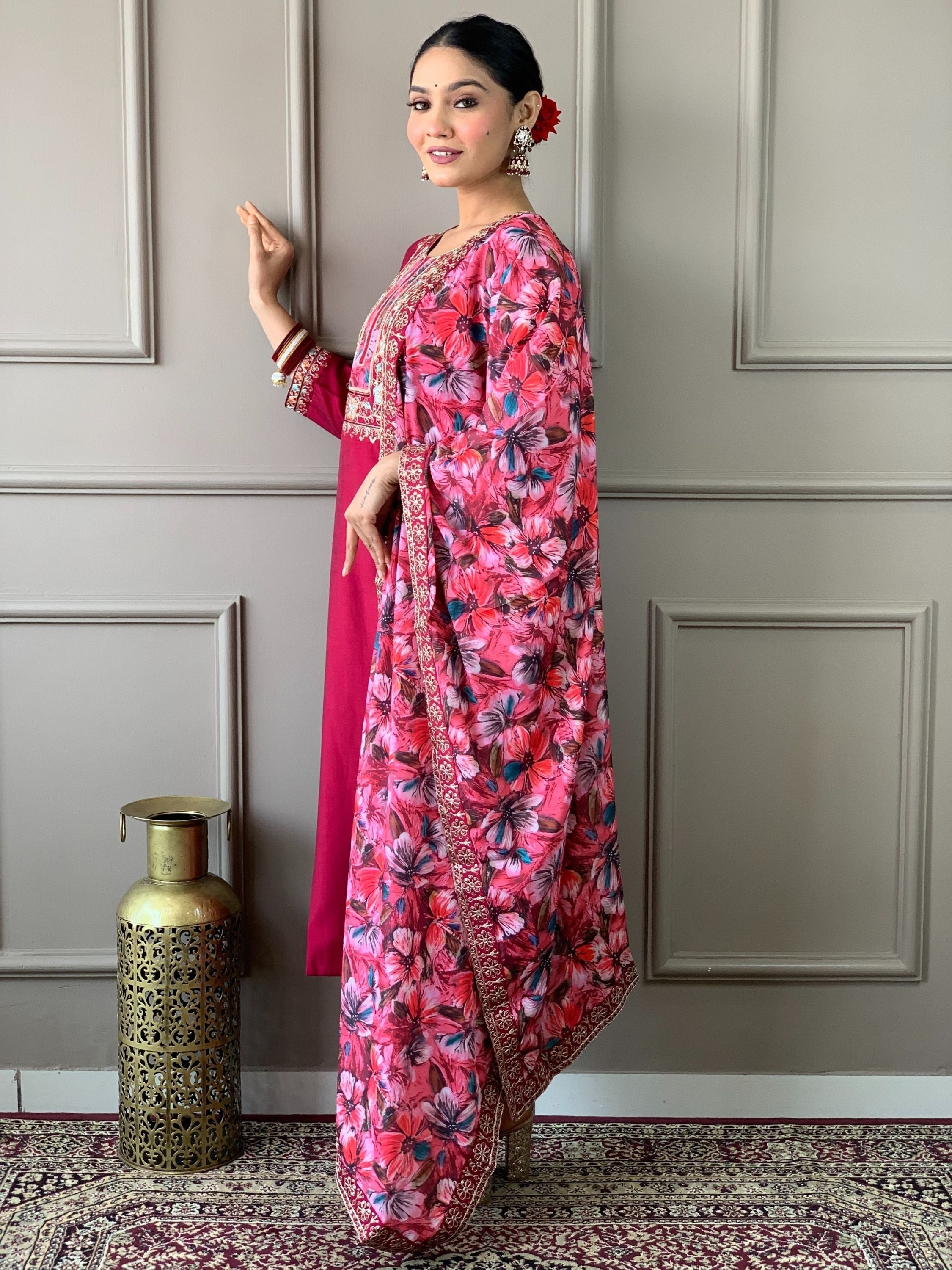 Dark Pink Colour Chanderi Viscose Embroidered Kurta With Bottom & Dupatta Set