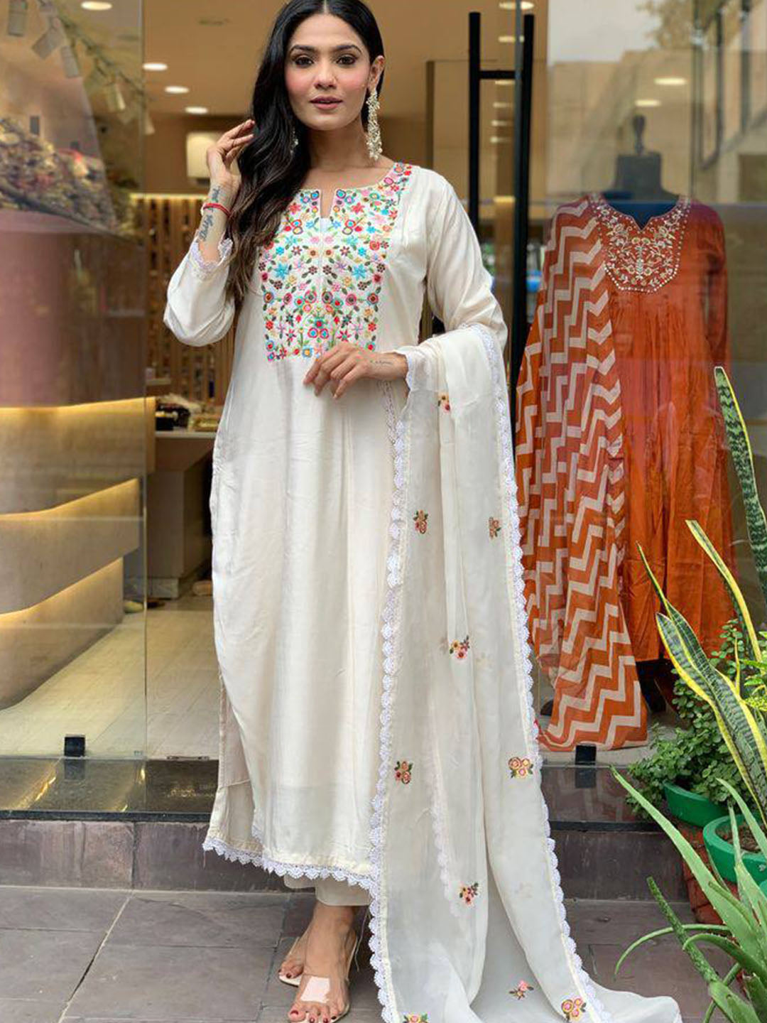 Off White Color  Embroidered Pure Vicose Chanderi kurta set