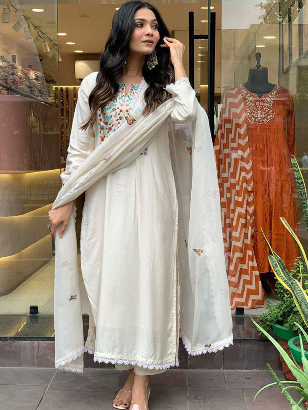 Off White Color  Embroidered Pure Vicose Chanderi kurta set