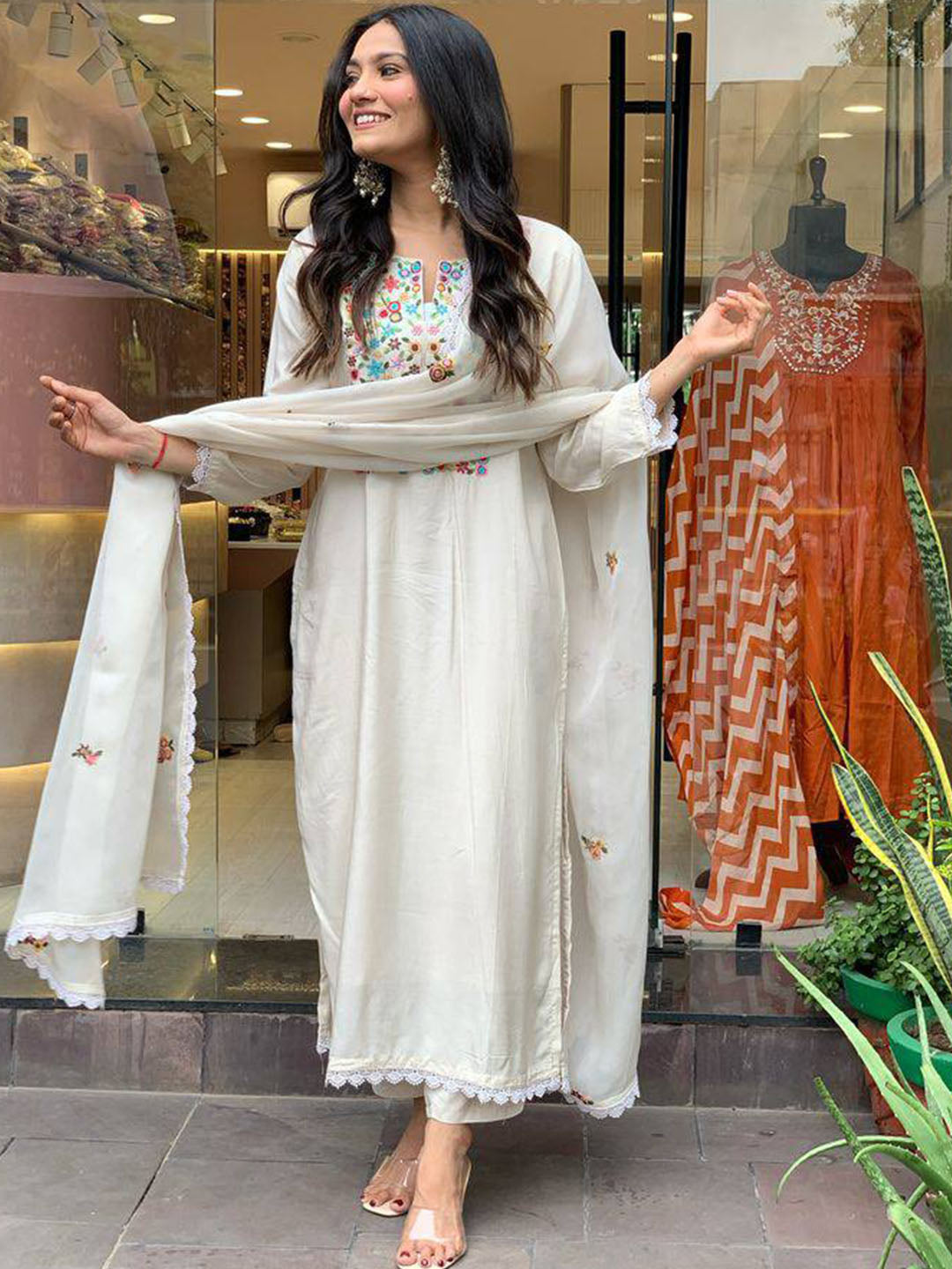 Off White Color  Embroidered Pure Vicose Chanderi kurta set