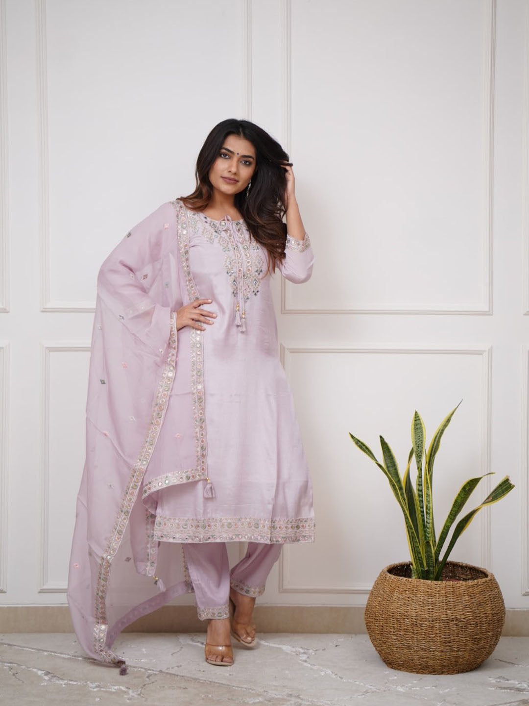 Light Purple Embroidered Pure Vicose Chanderi kurta set