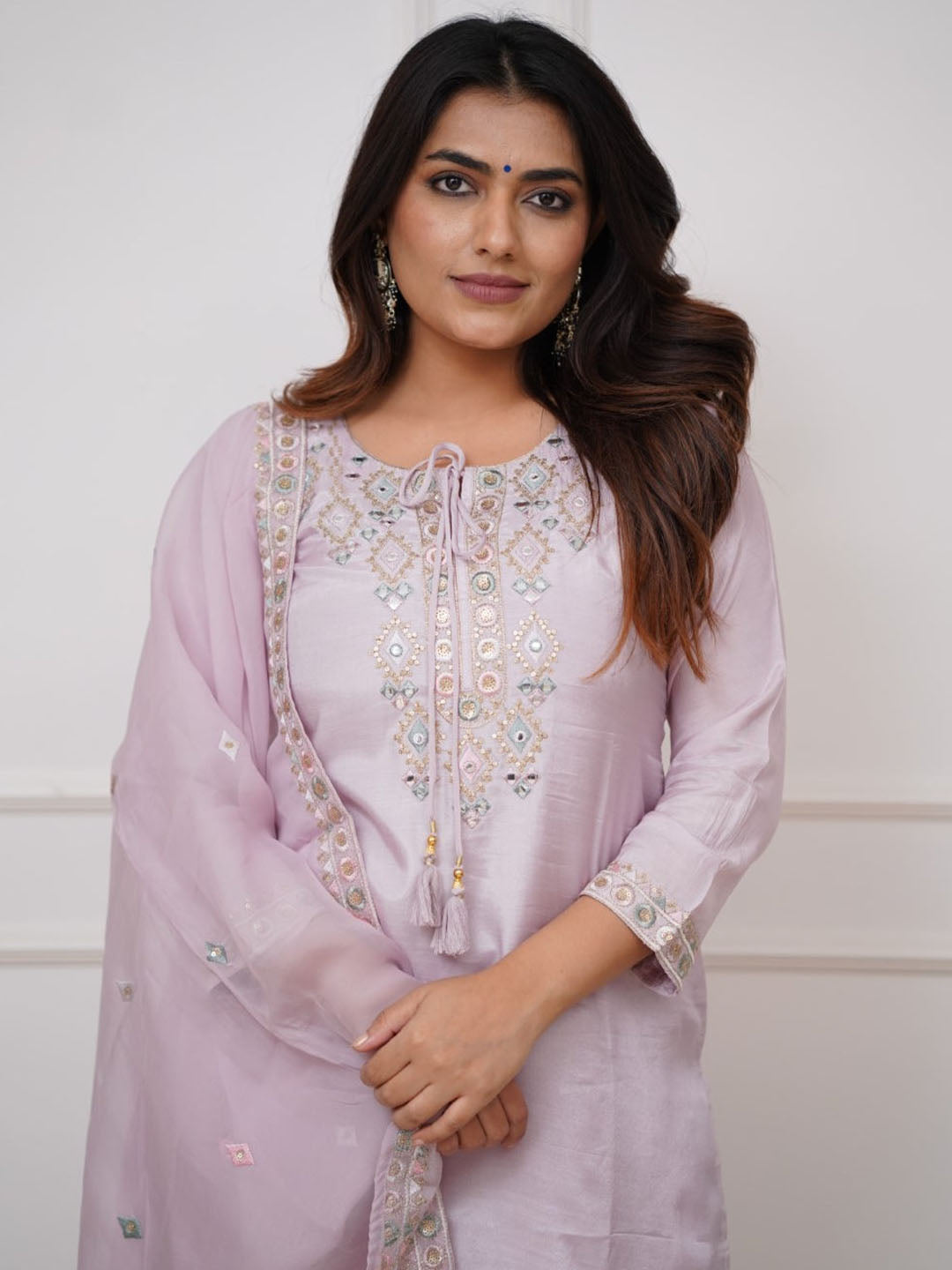 Light Purple Embroidered Pure Vicose Chanderi kurta set