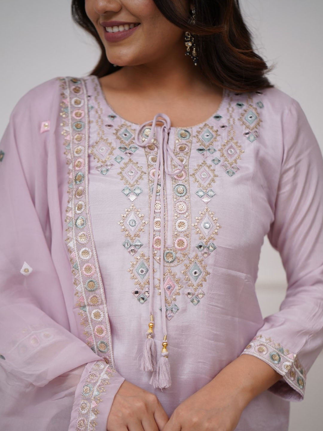 Light Purple Embroidered Pure Vicose Chanderi kurta set