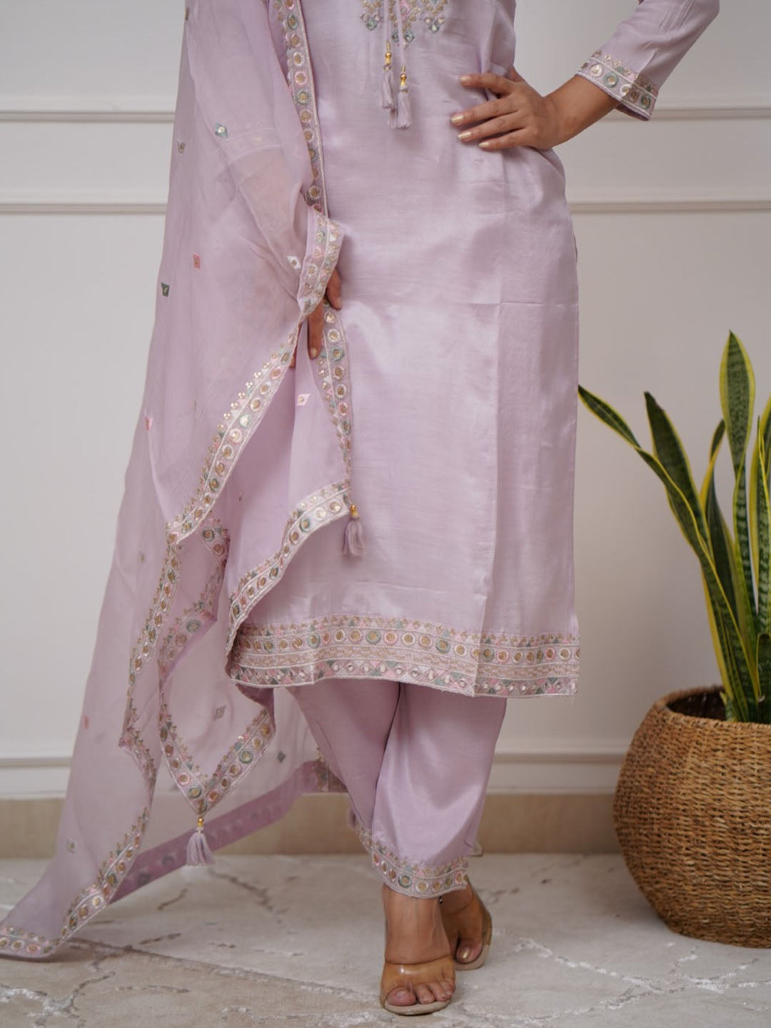 Light Purple Embroidered Pure Vicose Chanderi kurta set