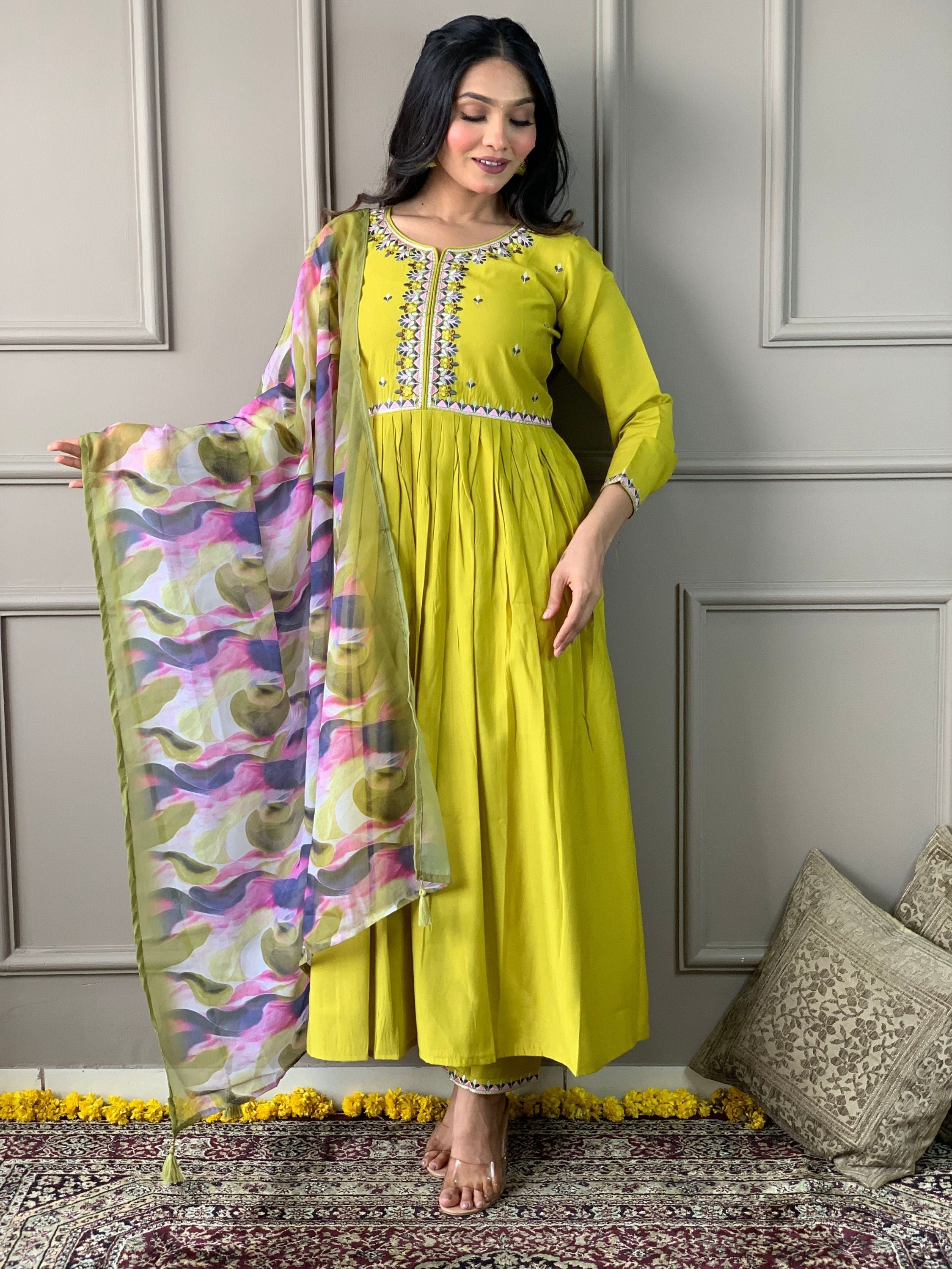 Lemon colour Chanderi Viscose Embroidered Ethnic Set