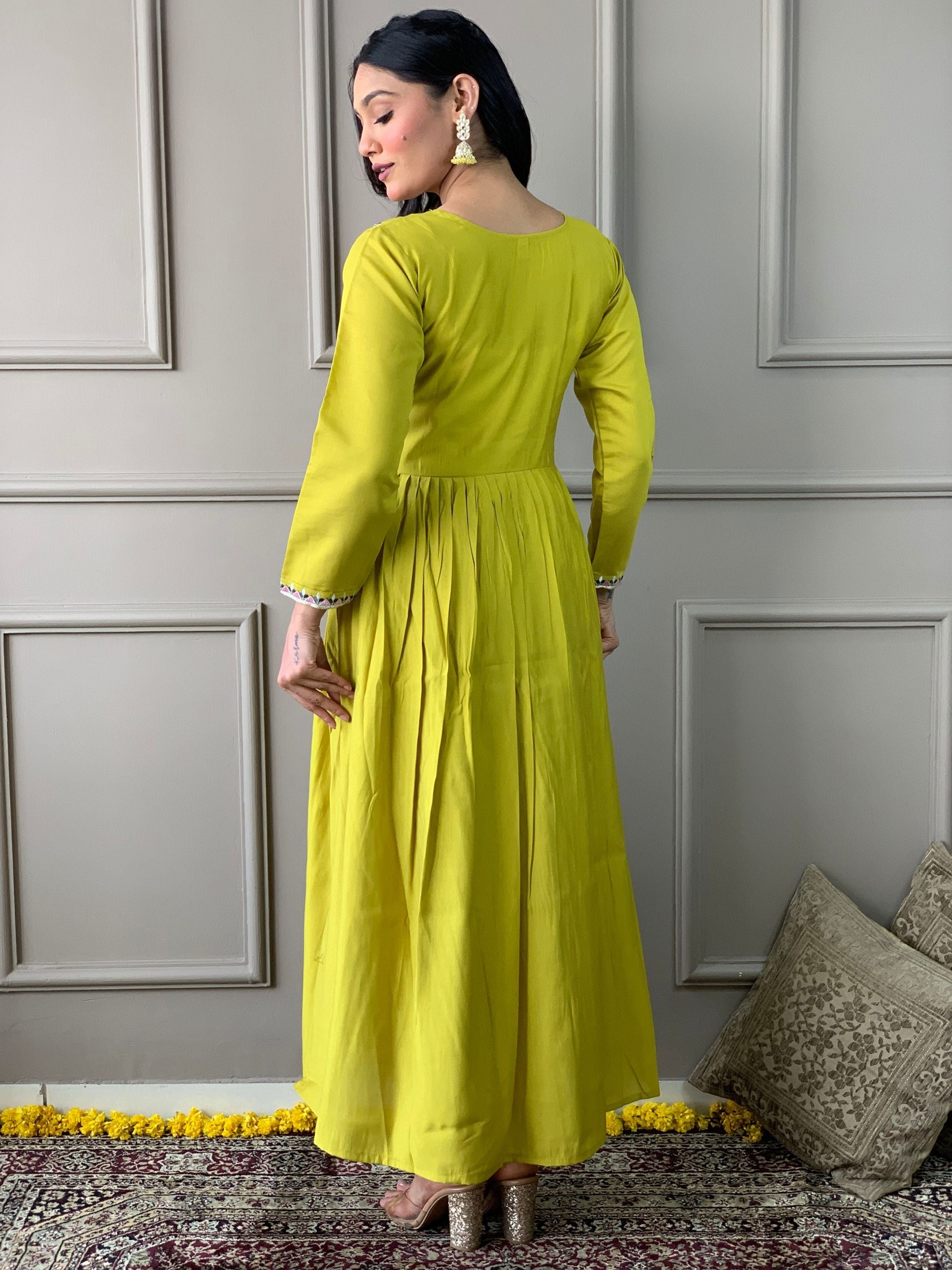 Lemon colour Chanderi Viscose Embroidered Ethnic Set